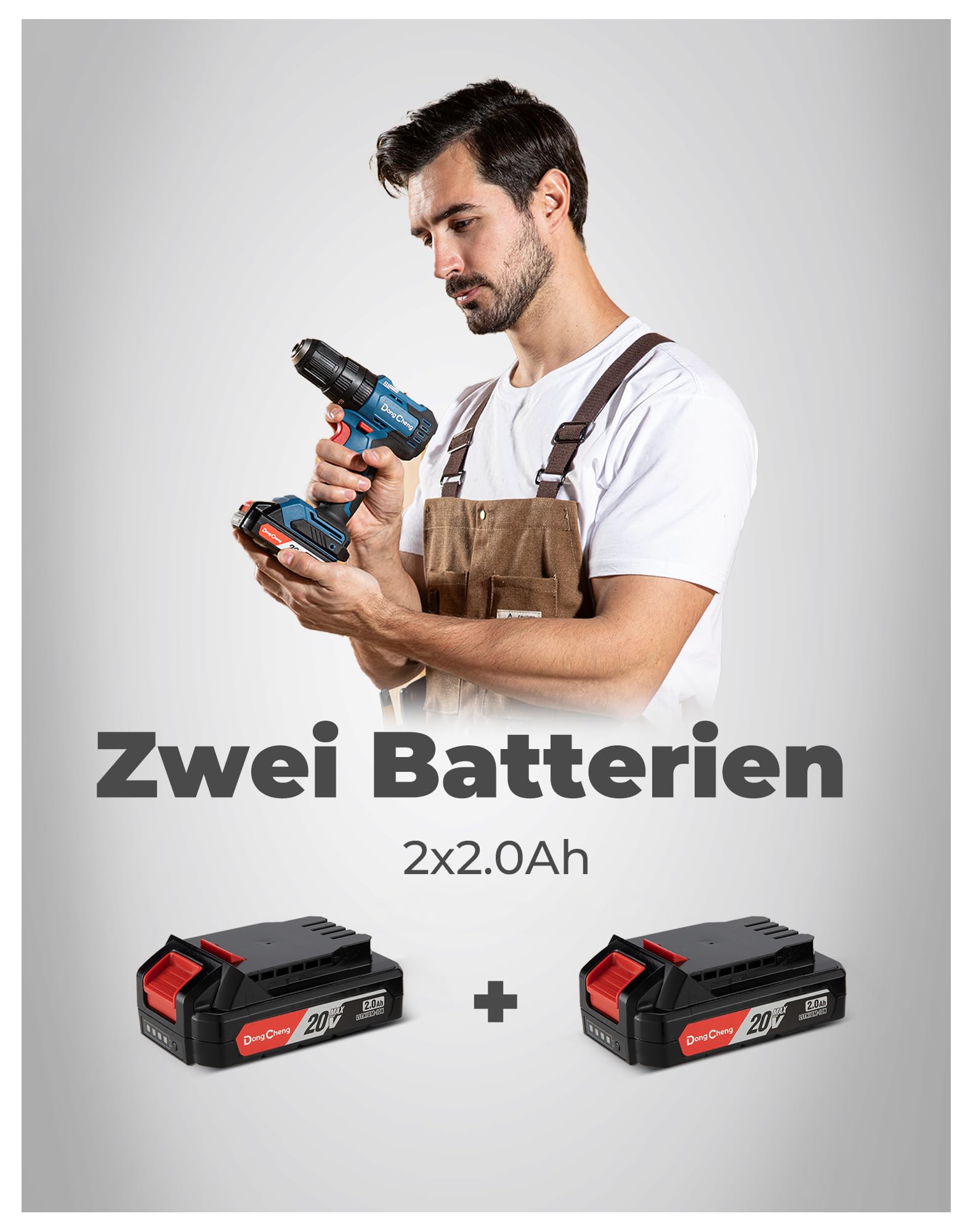 DongCheng Akku-Schlagbohrschrauber-Set 18V 50Nm, bürstenlose Schlagbohrmaschine (2x2,0 Ah), 20+1+1 Drehmomentstufen Akkubohrer, 2 Gang, 13mm Bohrfutter, inkl. Ladegerät, 19-tlg. Zubehör-Set