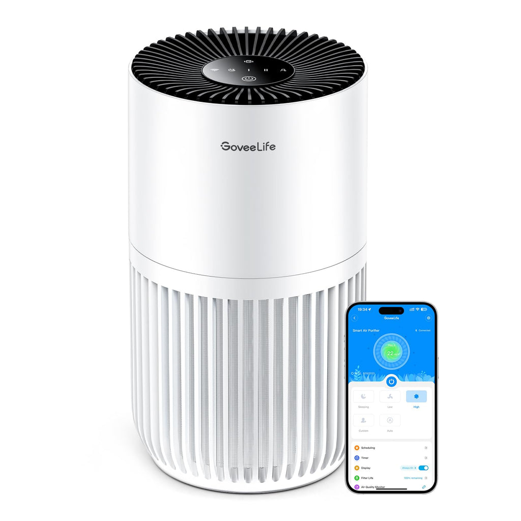 GoveeLife Mini-Luftreiniger fürs Schlafzimmer, intellig. HEPA-Filter mit Alexa-App-Steuerung gegen Tierhaare, Gerüche, Pollen, Rauch, Tragb. Luftreiniger mit 3 Geschwindigkeiten, 2 Modi, Timer, Aromen