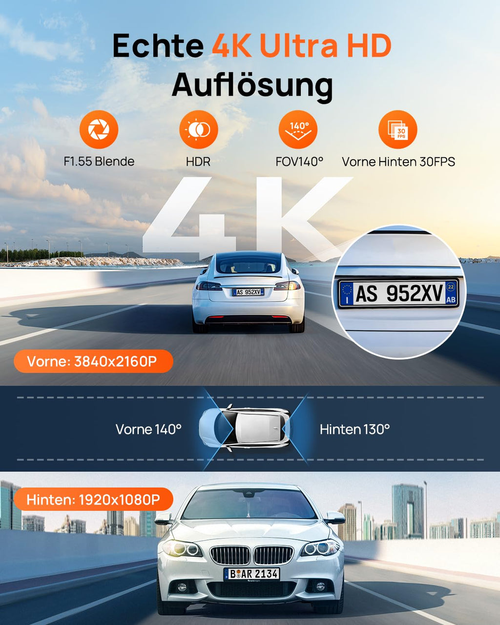 70mai A800SE Dashcam Auto Vorne Hinten 4K HDR 2160P+1080P mit 128GB SD Karte, Dual Autokamera 3" IPS, F1.55 Blende Nachtsicht, 210Sek.Puffer Notfall-Voraufzeichnung, Parküberwachung, Max 512GB