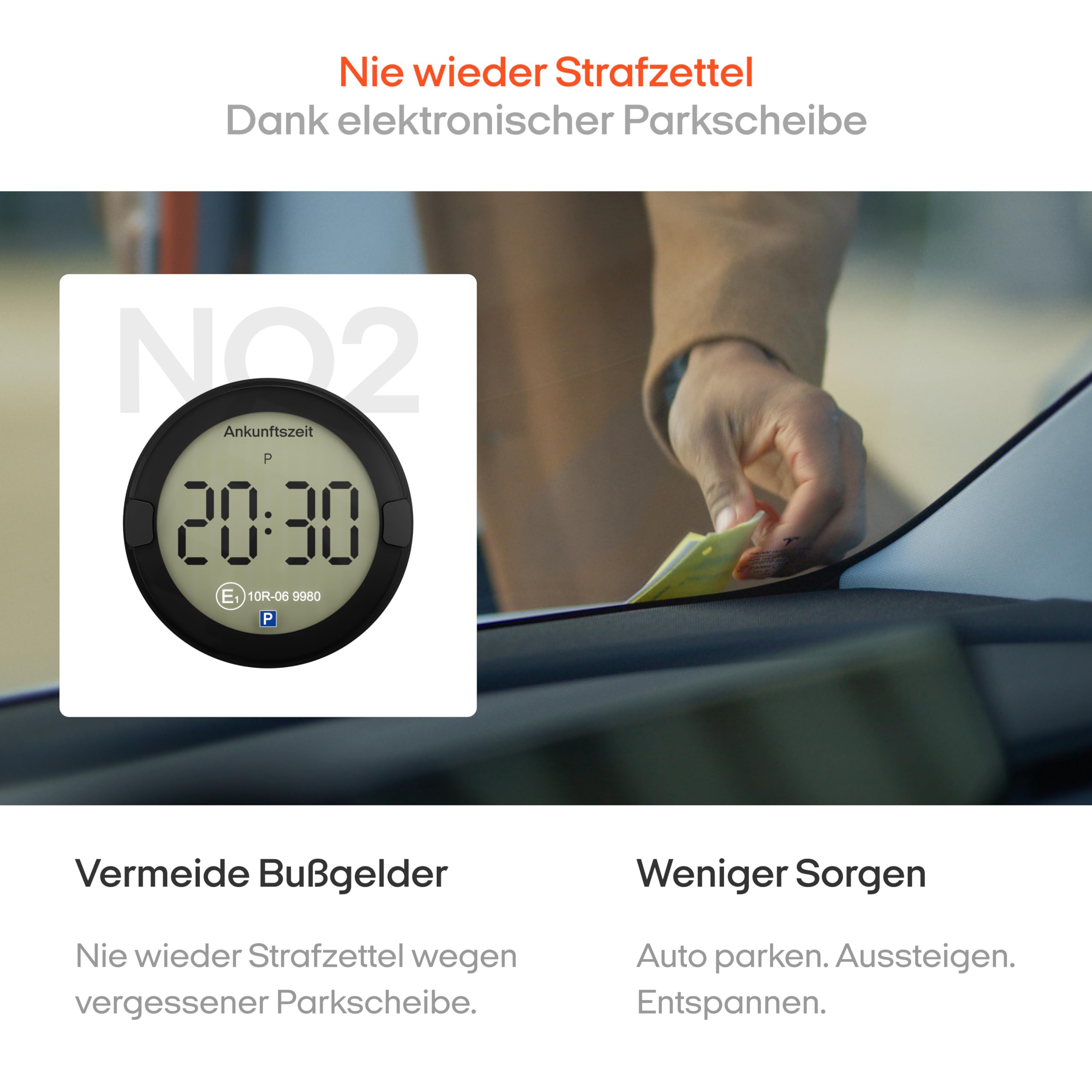 OOONO P-DISC NO2 - Elektronische Parkscheibe mit Zulassung fürs Auto - Automatische Digitale Parkscheibe Elektrisch mit Zulassung vom KBA nach StVO - Elektrische Parkuhr Auto zugelassen