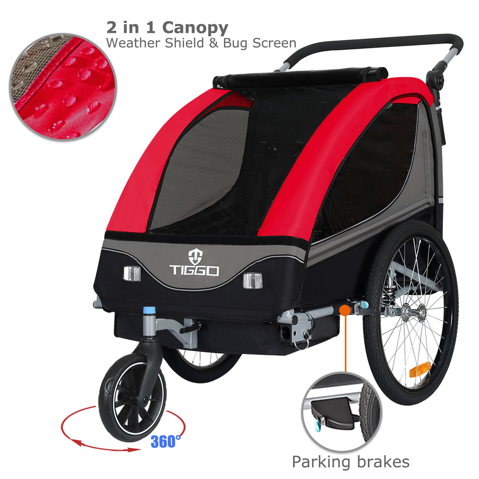 Tiggo S2 Kinderanhänger mit Federung Jogger 2 in 1 Kinder Buggy fahrradanhänger Anhänger 360° Drehbar (Rot)