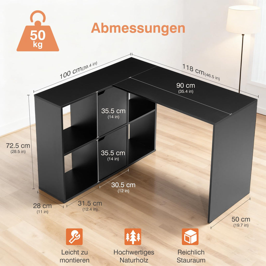 Sweetcrispy L-Form Schreibtisch mit Regal & Schrank, 120x100x75cm Eckschreibtisch, Starker Gaming Tisch mit Ablageflächen, Einfacher Montage, Schwarz