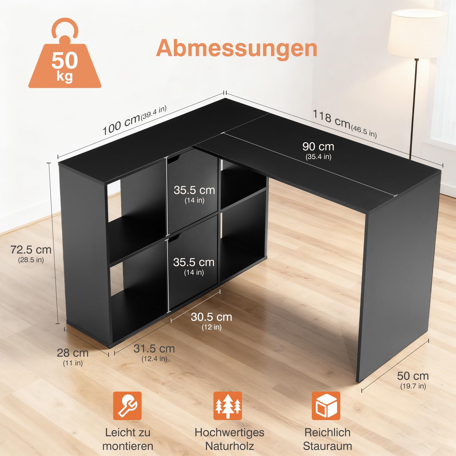 Sweetcrispy L-Form Schreibtisch mit Regal & Schrank, 120x100x75cm Eckschreibtisch, Starker Gaming Tisch mit Ablageflächen, Einfacher Montage, Schwarz