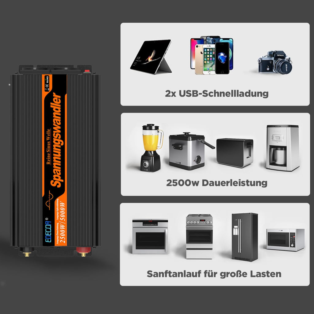 EDECOA Wechselrichter 2500w Reiner Sinus Spannungswandler 12v 230v LCD 2X USB und Fernbedienung wandler 2500w und kurzfristige Spitze 5000w Inverter