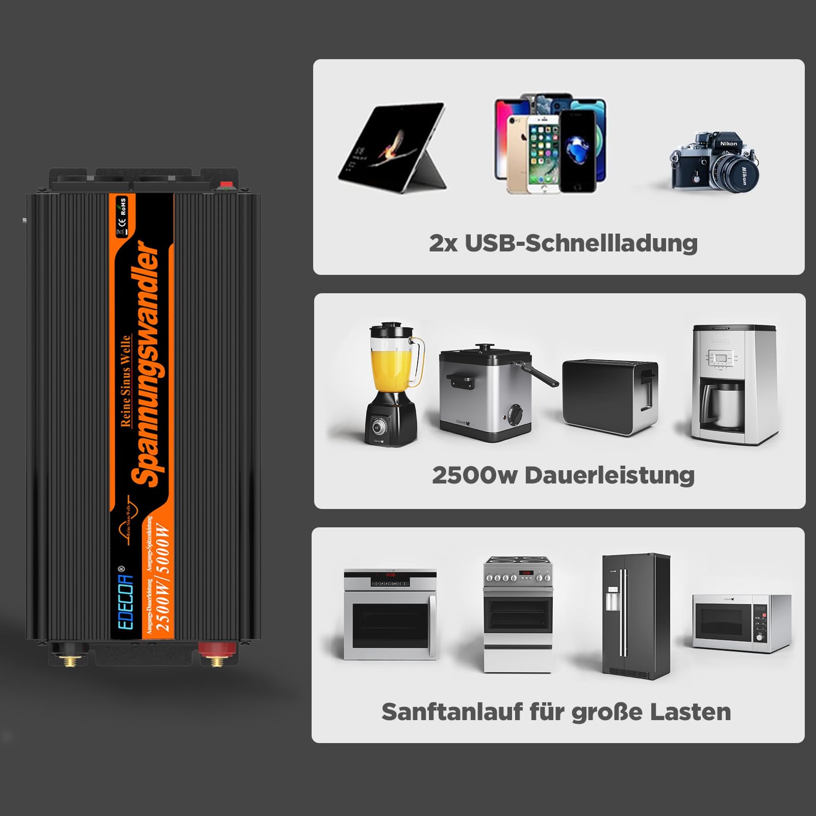 EDECOA Wechselrichter 2500w Reiner Sinus Spannungswandler 12v 230v LCD 2X USB und Fernbedienung wandler 2500w und kurzfristige Spitze 5000w Inverter