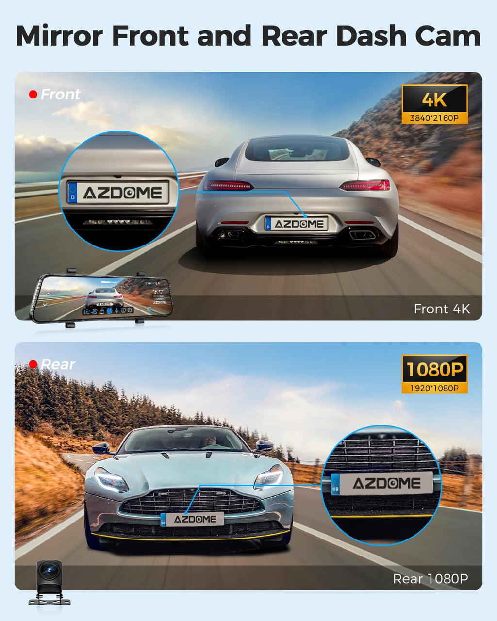 AZDOME PG17 4K 12" Spiegel Dashcam Auto, WiFi Rückspiegelkamera mit wasserdichter 1080P-Rückkamera, 64GB Karte enthalten, WDR-Nachtsicht, GPS, Sprachsteuerung, Fahrassistent
