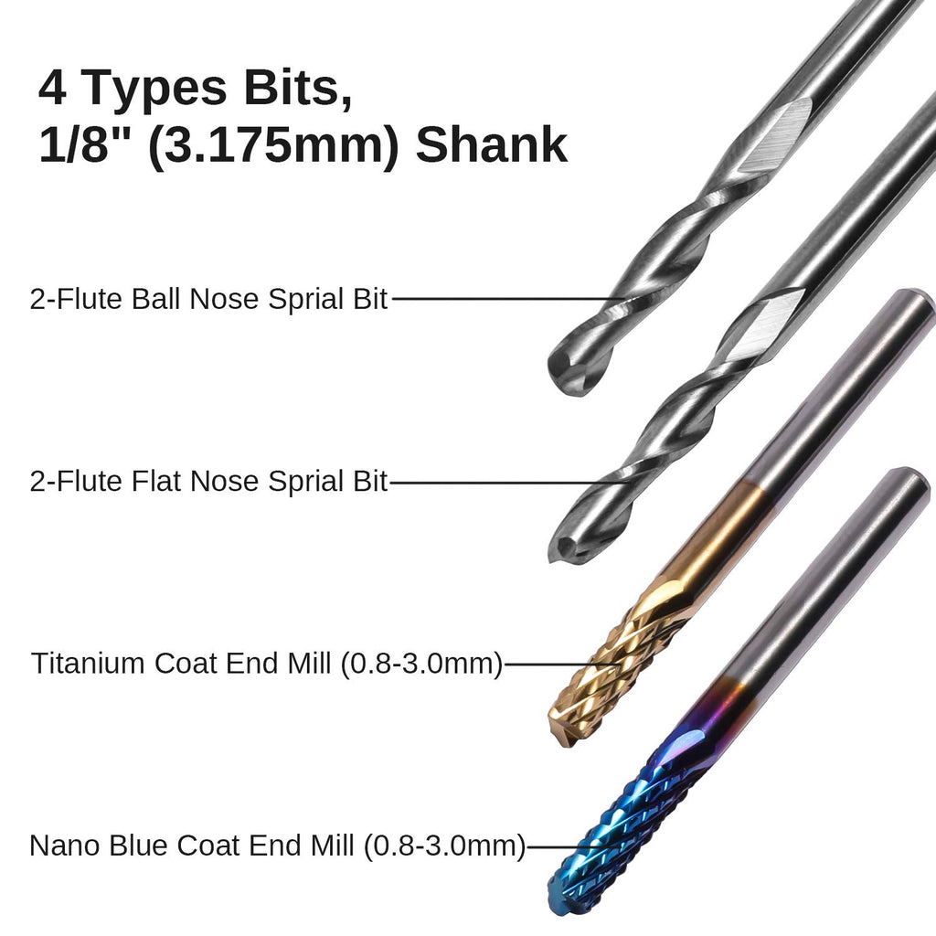 Genmitsu Schaftfräser-Satz mit insgesamt 40 CNC Router Bits, 3,175mm (1/8") Schaft, CNC Fräser-Satz mit 2-Nuten Flach- als auch Kugelkopffräsern, Nano Blue Beschichtung & Titan Beschichtung, MC40A