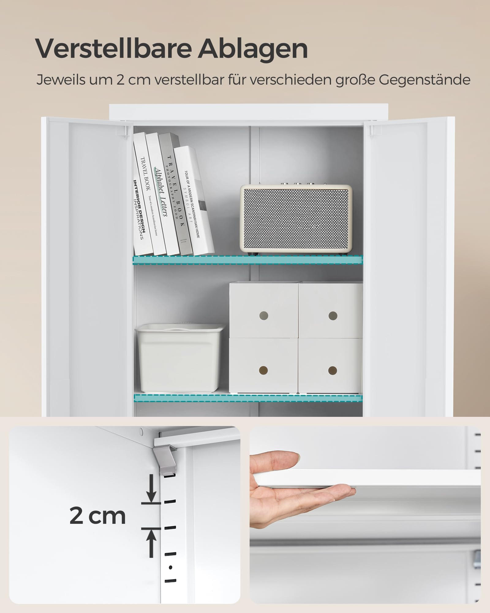 SONGMICS Aktenschrank, Mehrzweckschrank, Aufbewahrungsschrank, 5 Ebenen, 40 x 60 x 180 cm, Doppeltüren, Schloss, Werkzeug, verstellbare Ablagen, Garage, Büro, Wohnzimmer, mattweiß OMC014W01