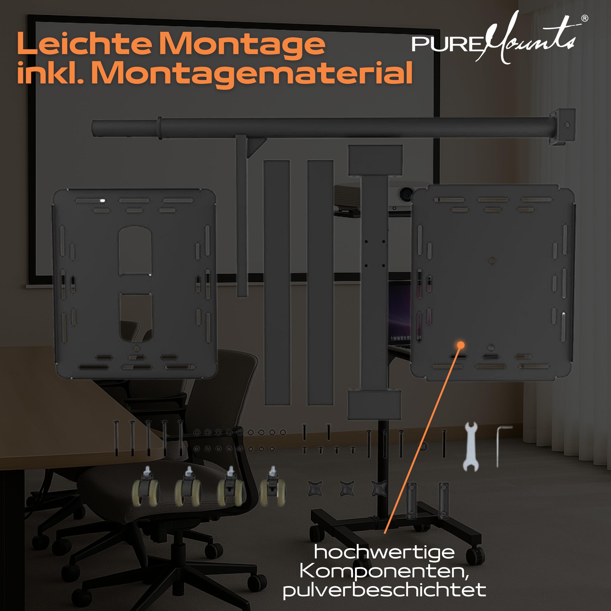 PureMounts PM-PCART-10 - Neigbarer Projektionswagen/Projektionstisch für Beamer und Projektor, flexibel einstellbar (950mm bis 1450mm), feststellbare Rollen, Tragkraft 10kg, Farbe schwarz