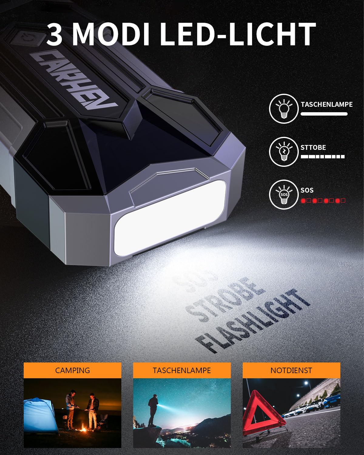 CARHEV Starthilfe Powerbank für Pkw, 4500A Starter Powerbank (Bis Zu 8,0L Benzin Oder 8,0L Diesel), 12V Booster Auto Starthilfe mit LED, Jump Starter mit Starthilfekabel und 2 USB Ausgänge