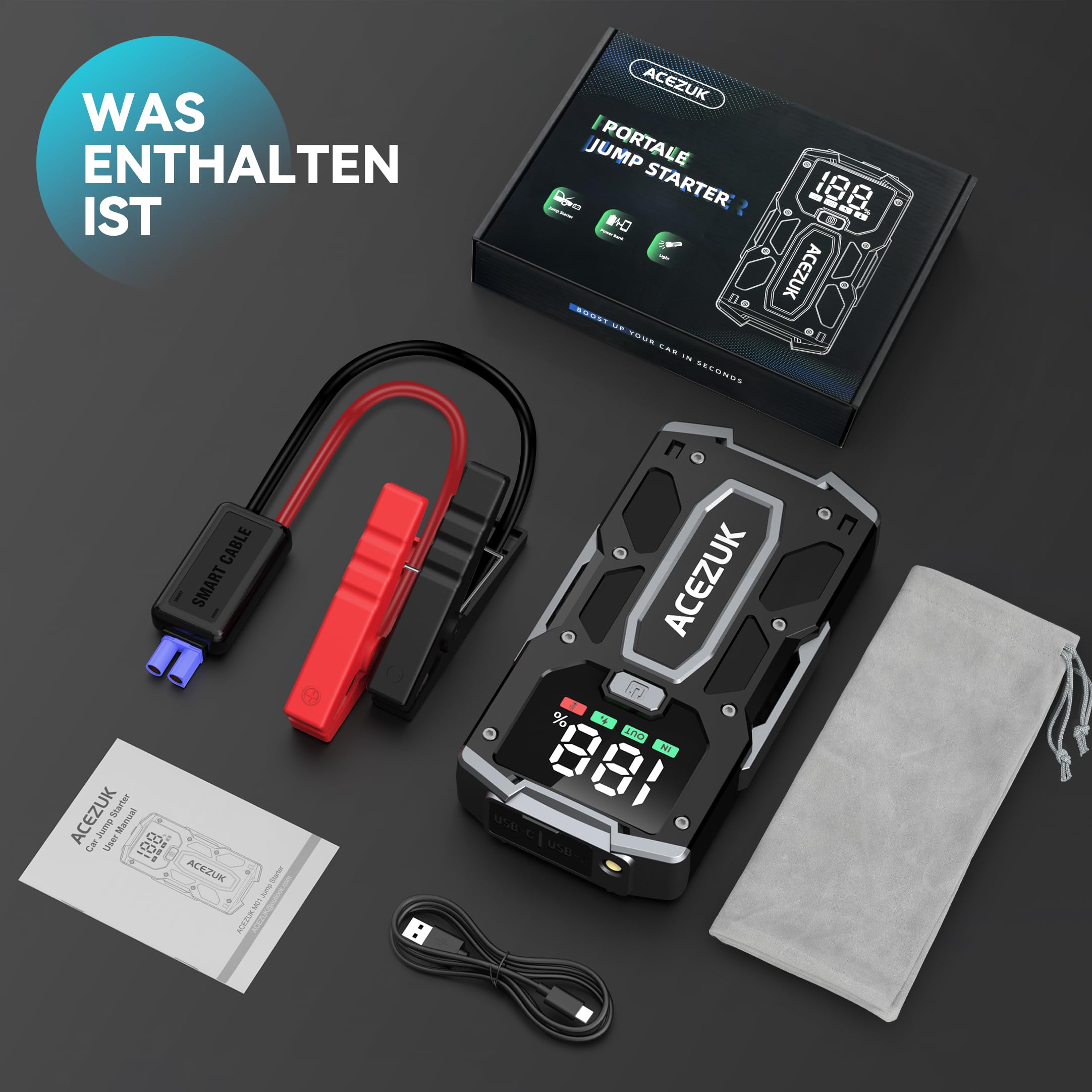 ACEZUK Starthilfe Powerbank Leistungsstark Für Autobesitzer LED-Beleuchtung Bis 7,0L