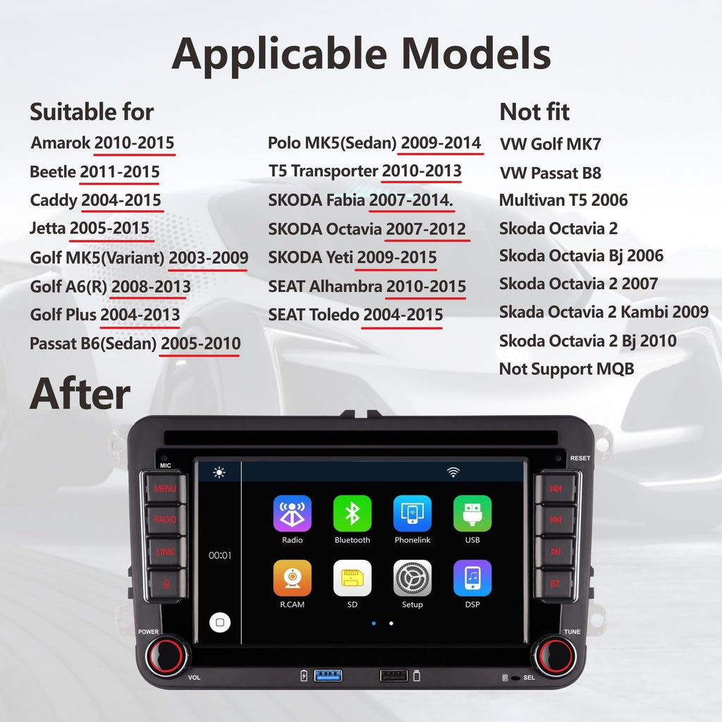 High Power Autoradio mit Wireless Carplay Android Car für VW Golf 5 6 Polo T5 Skoda Passat Jetta Caddy, 7 Zoll IPS VW Radio mit Bluetooth/FM/AM/USB/DSP/EQ Lenkradsteuerung