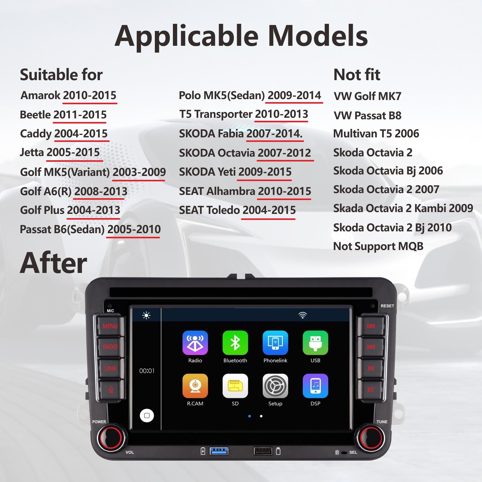 High Power Autoradio mit Wireless Carplay Android Car für VW Golf 5 6 Polo T5 Skoda Passat Jetta Caddy, 7 Zoll IPS VW Radio mit Bluetooth/FM/AM/USB/DSP/EQ Lenkradsteuerung