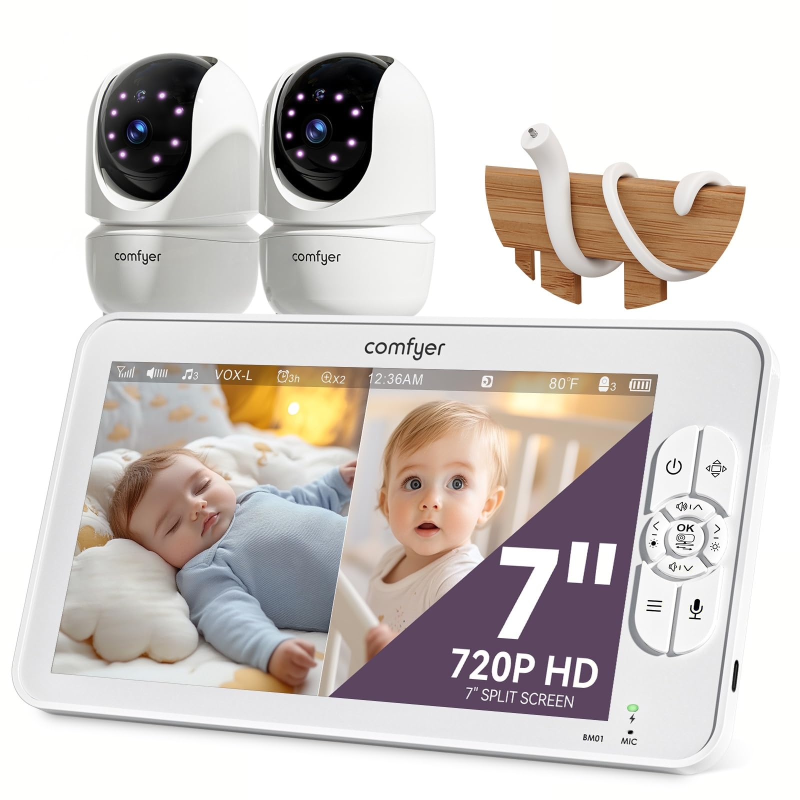 Comfyer Split-Screen Babyphone mit 2 Kameras, 7" HD 720P Video Babyphone ohne WLAN mit Halterung, IR-Nachtsicht Vox-Modus 2-Wege-Audio 6000mAh 300M Reichweite Videoüberwachungsgeräte