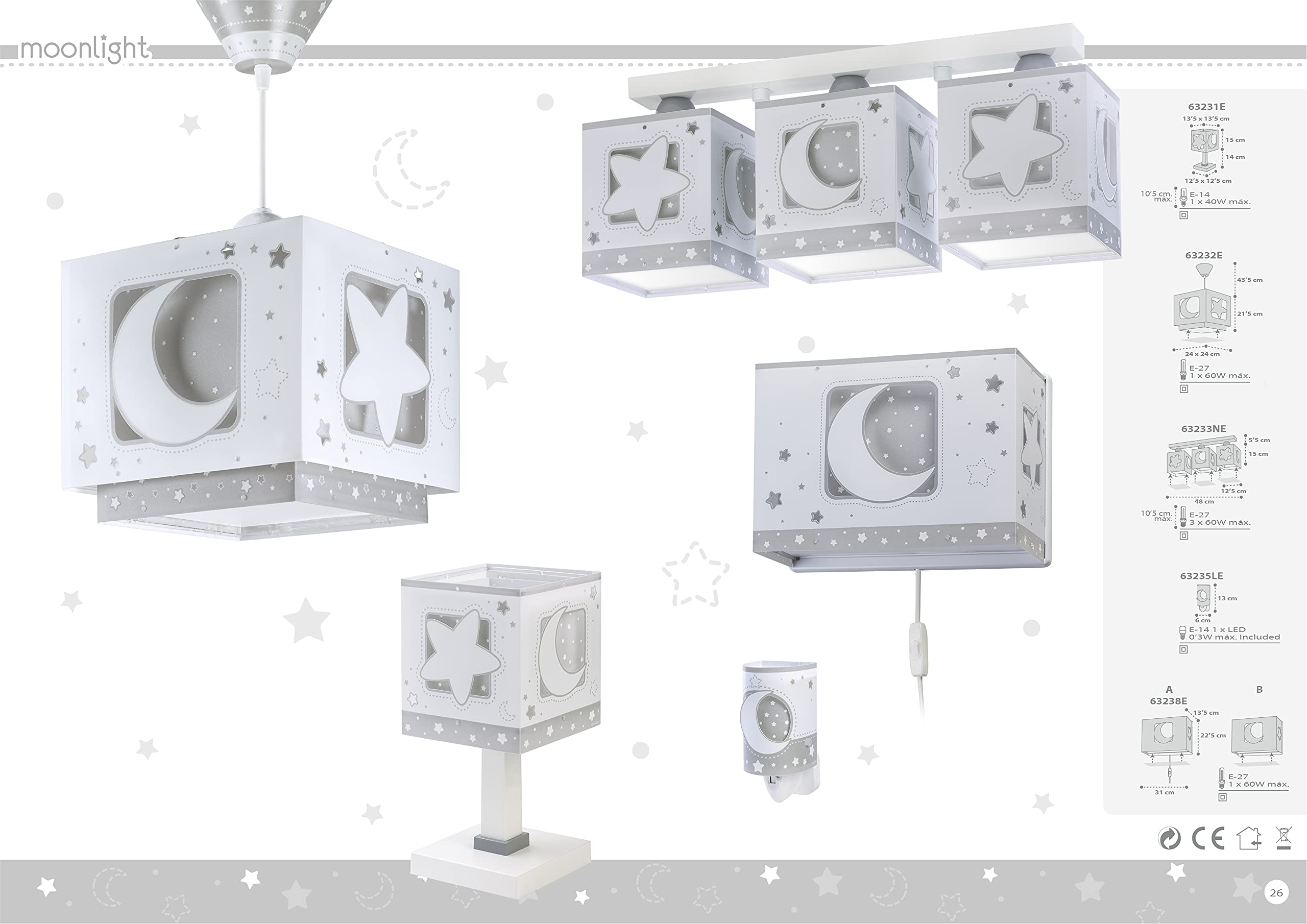 Dalber Lampe kinderzimmer, kinderlampe Pendelleuchte Hängelampe, Deckenleuchte Kinder, Deckenlampe kinderzimmer, Mond und Sterne Grau MoonLight, 63232E, E27