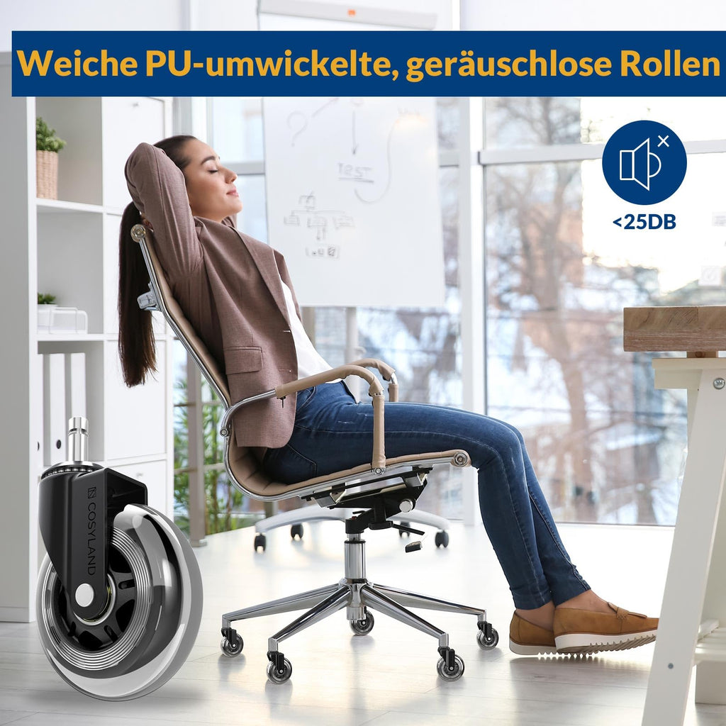 COSYLAND Bürostuhl Rollen 5er Set, 11mm x 22 mm Rollen für Bürostühle, Strapazierfähige Bürostuhl Rollen Parkett, Sehr leise Schreibtischstuhl rollen, Passend für 99% aller Bürostühle