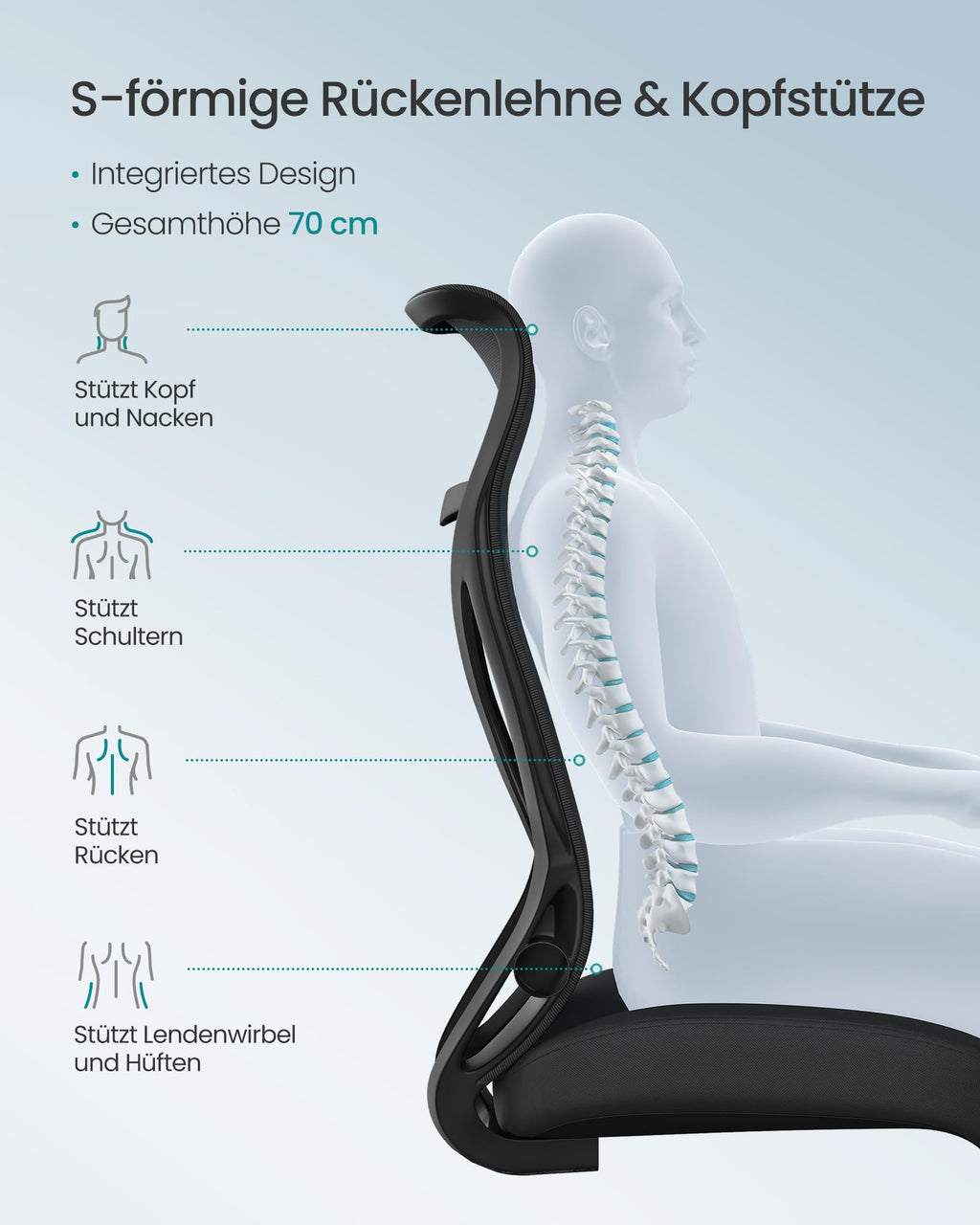 SONGMICS Bürostuhl, Schreibtischstuhl, ergonomische Rückenlehne, höhenverstellbar, hochklappbare Armlehnen, Drehstuhl mit Kopfstütze, bis 150 kg belastbar, tintenschwarz OBN088B01