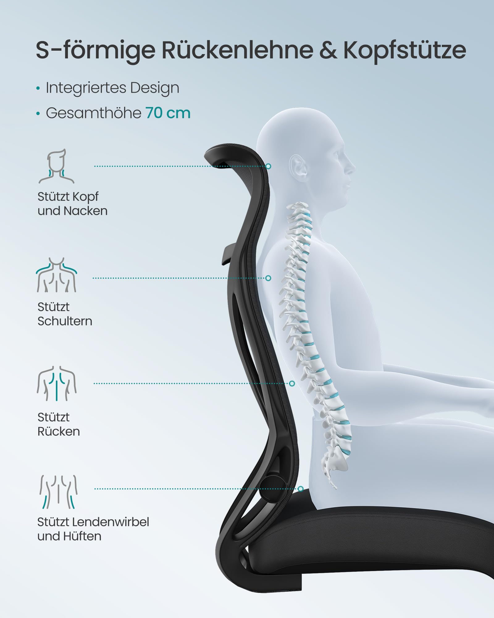 SONGMICS Bürostuhl, Schreibtischstuhl, ergonomische Rückenlehne, höhenverstellbar, hochklappbare Armlehnen, Drehstuhl mit Kopfstütze, bis 150 kg belastbar, tintenschwarz OBN088B01