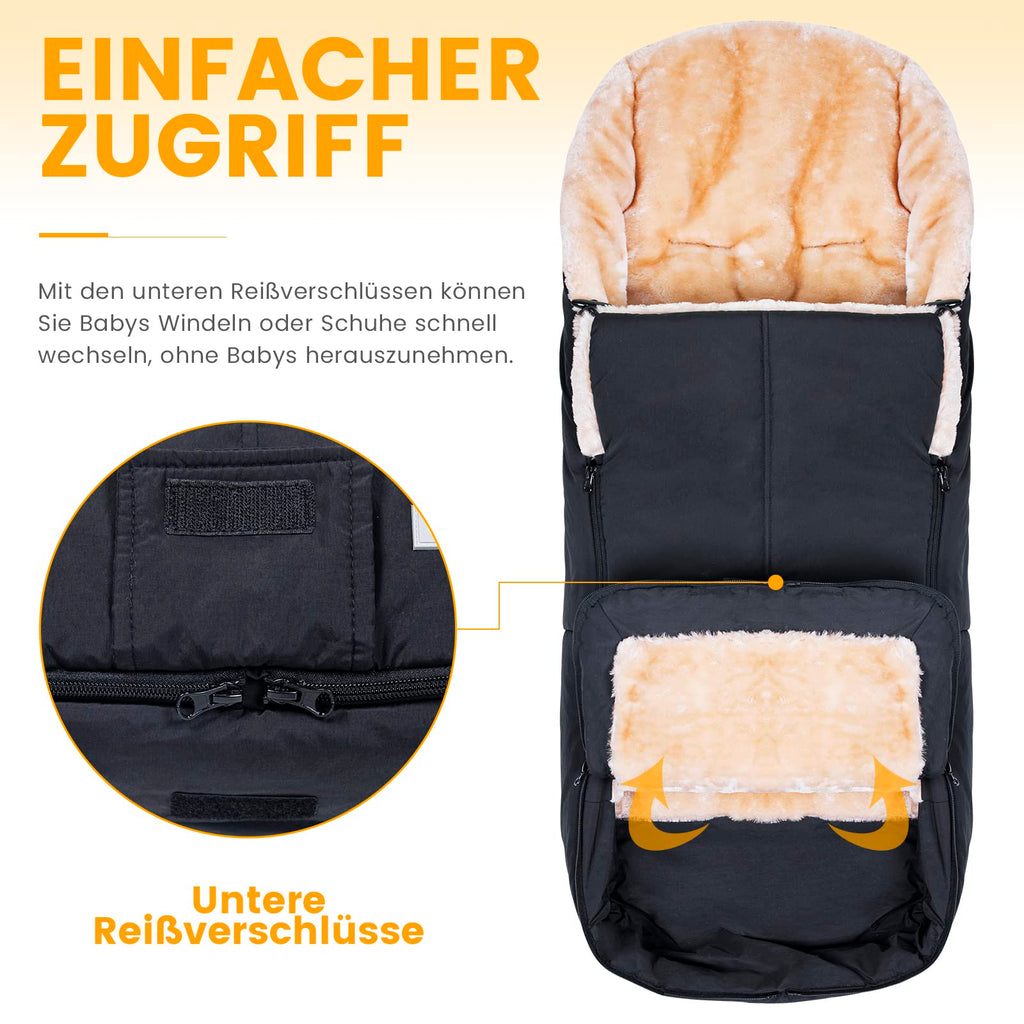 Orzbow Fußsack Buggy, Künstliches Lammfell Fußsack Kinderwagen Baby Winter mit Reißverschluss, Abnehmbar, Universelle & Wasserdicht, Maschinenwaschbar, Schwarz