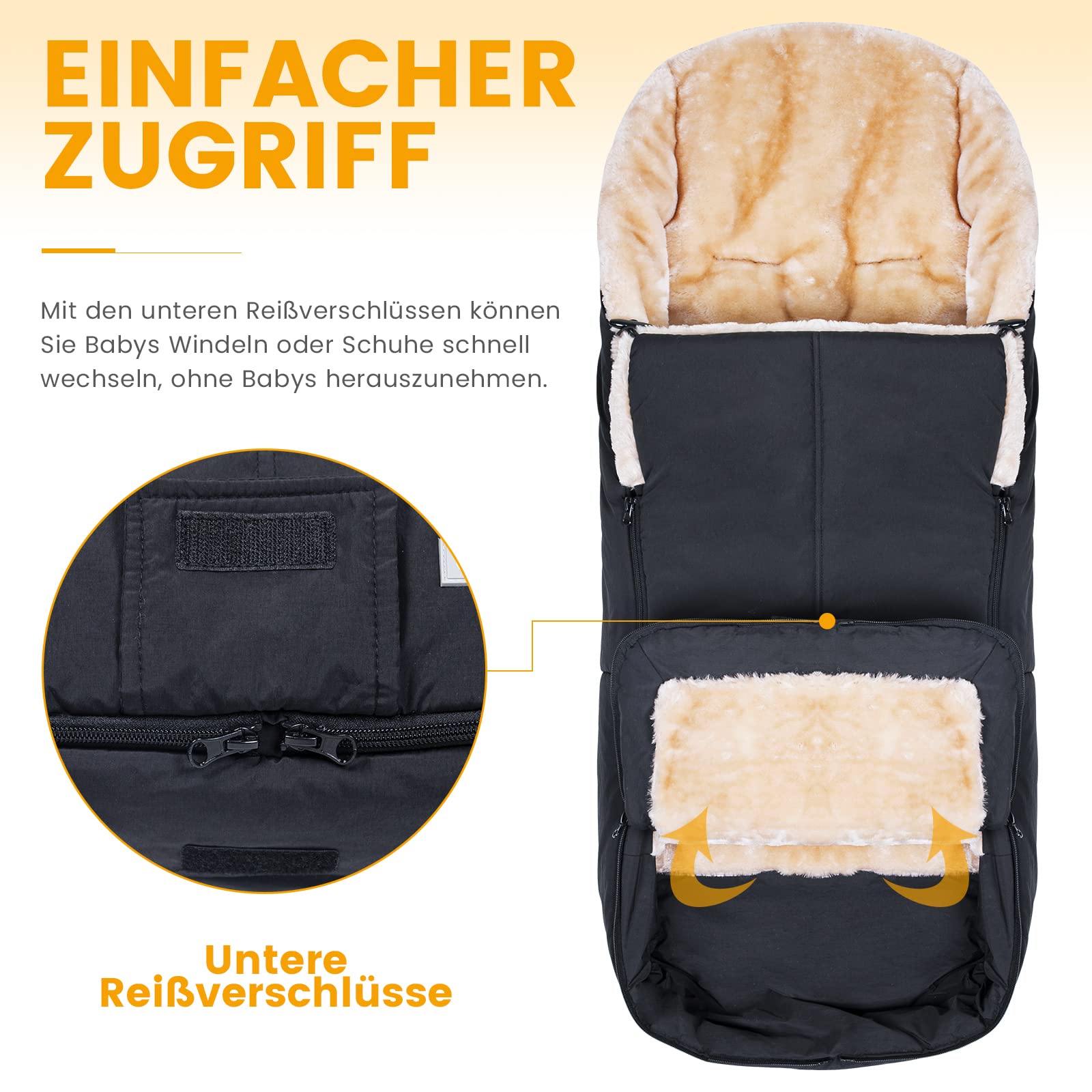 Orzbow Fußsack Buggy, Künstliches Lammfell Fußsack Kinderwagen Baby Winter mit Reißverschluss, Abnehmbar, Universelle & Wasserdicht, Maschinenwaschbar, Schwarz
