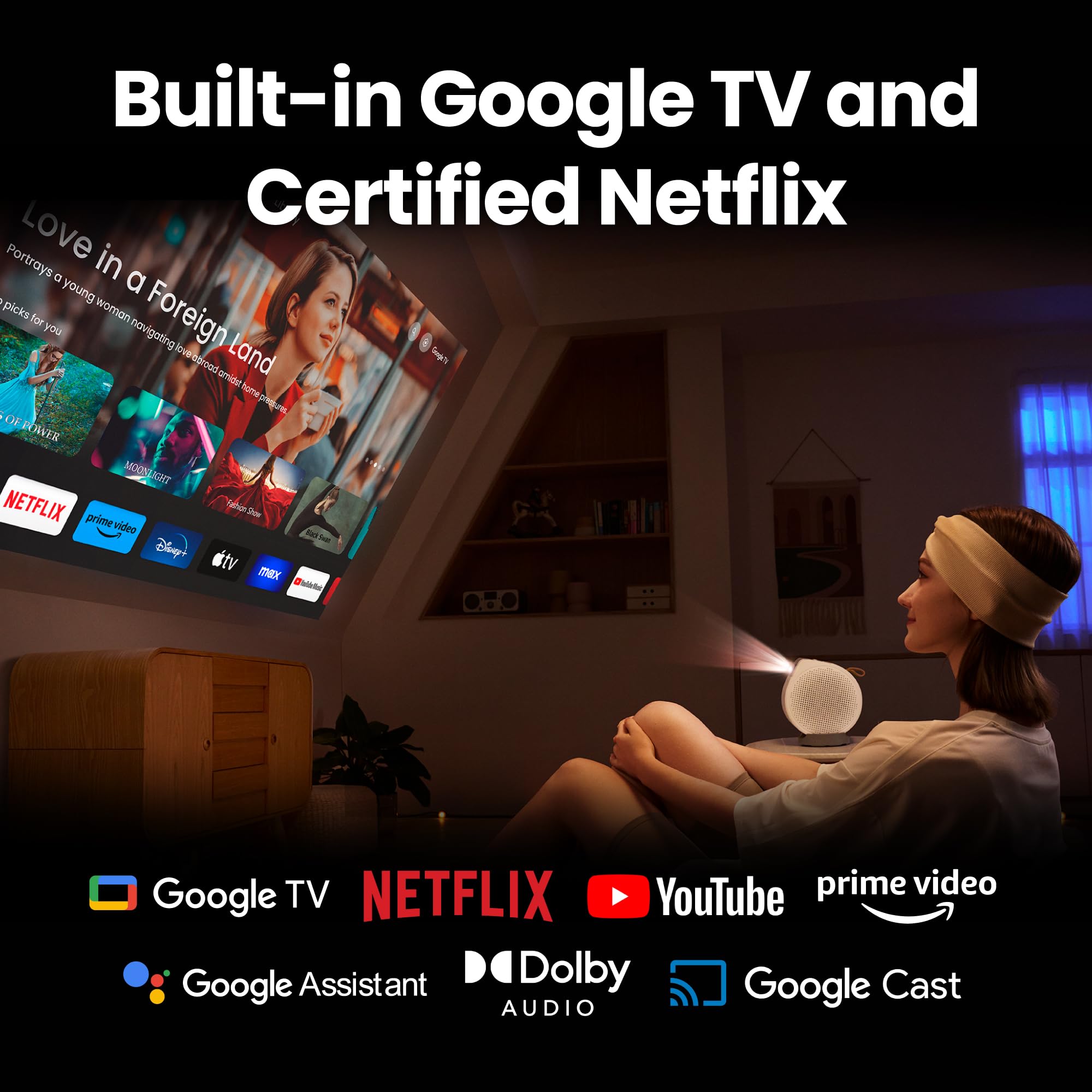 BenQ GV50 1080p Laser Tragbarer Deckenprojektor mit Stativfuß | Drehbare Winkelprojektion | 500 ANSI Lumen | 18W Bass Bluetooth Lautsprecher | Google TV mit Netflix | Chromecast & AirPlay | Autofokus
