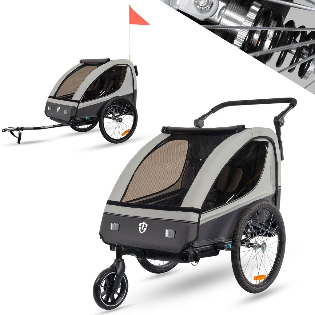 Tiggo VS Kinderanhänger 360° Drehbar mit Federung 2in1 Fahrradanhänger mit Buggy Set Jogger 5-Punkt Gurt Fahrrad Anhänger für 1 bis 2 Kinder max. 40kg (Grau)