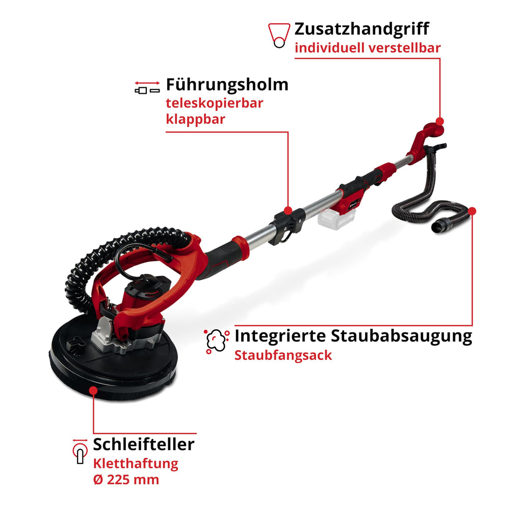 Einhell Akku-Trockenbauschleifer TP-DW 18/225 Li - Solo Power X-Change (Lithium-Ionen, inkl. Verlängerungsschlauch, Staubfangsack, Schleifpapier uvm. ohne Akku und Ladegerät)