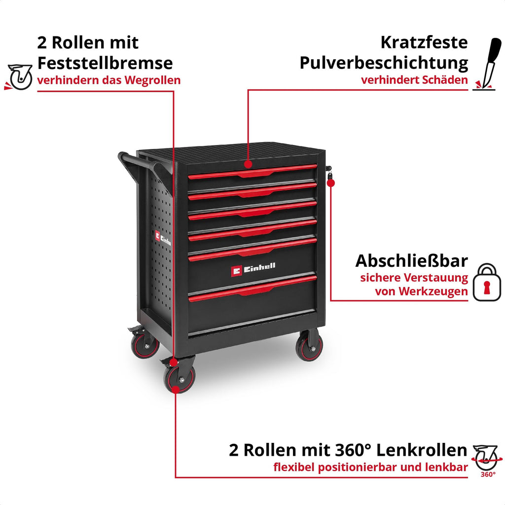 Original Einhell Werkstattwagen leer (6 Schubladen, Interlock-System, kugelgelagerte Führungsschienen, belastbar bis 135 kg, mobil mit Feststellrollen)