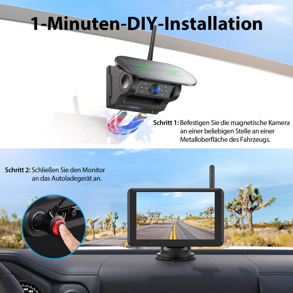 Magnetisch Solar Rückfahrkamera Kabellos mit 5" 1080P Monitor: 9600mAh Akku 1 Mins DIY Installation, IP69K Wasserdicht Rückfahrkameras für Auto, LKW, Van
