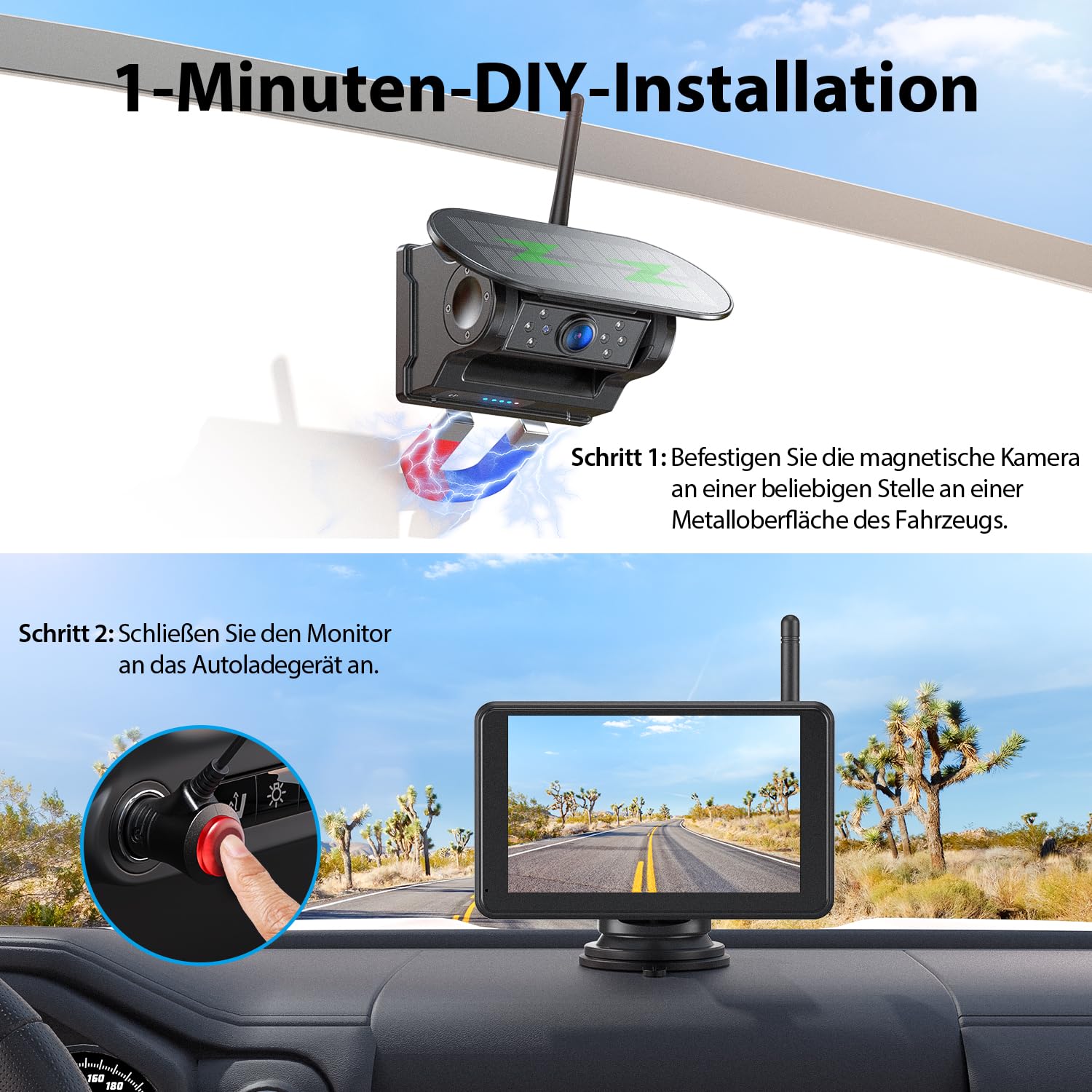 Magnetisch Solar Rückfahrkamera Kabellos mit 5" 1080P Monitor: 9600mAh Akku 1 Mins DIY Installation, IP69K Wasserdicht Rückfahrkameras für Auto, LKW, Van