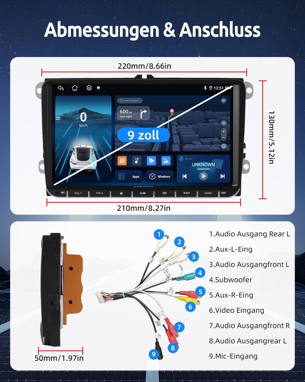 Essgoo 4+64G Autoradio Carplay 9 Zoll Android 14 Wireless Auto Radio Für VW Golf 5 6 Touran B6 EOS Tiguan Polo mit Bluetooth GPS RDS Navi Mirror Link FM SWC