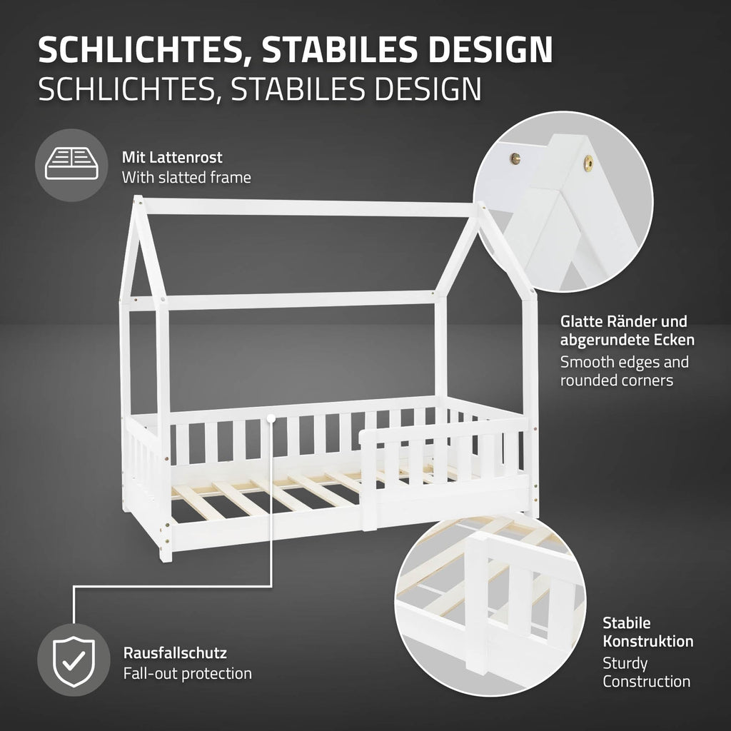 ML-Design Kinderbett 70x140 cm mit Rausfallschutz, Dach und Lattenrost, Weiß, Massivholz Kinder Bett, Hausbett für Mädchen/Jungen, Bettenhaus aus massivem Kiefernholz, Bodenbett Jugendbett Kinderhaus