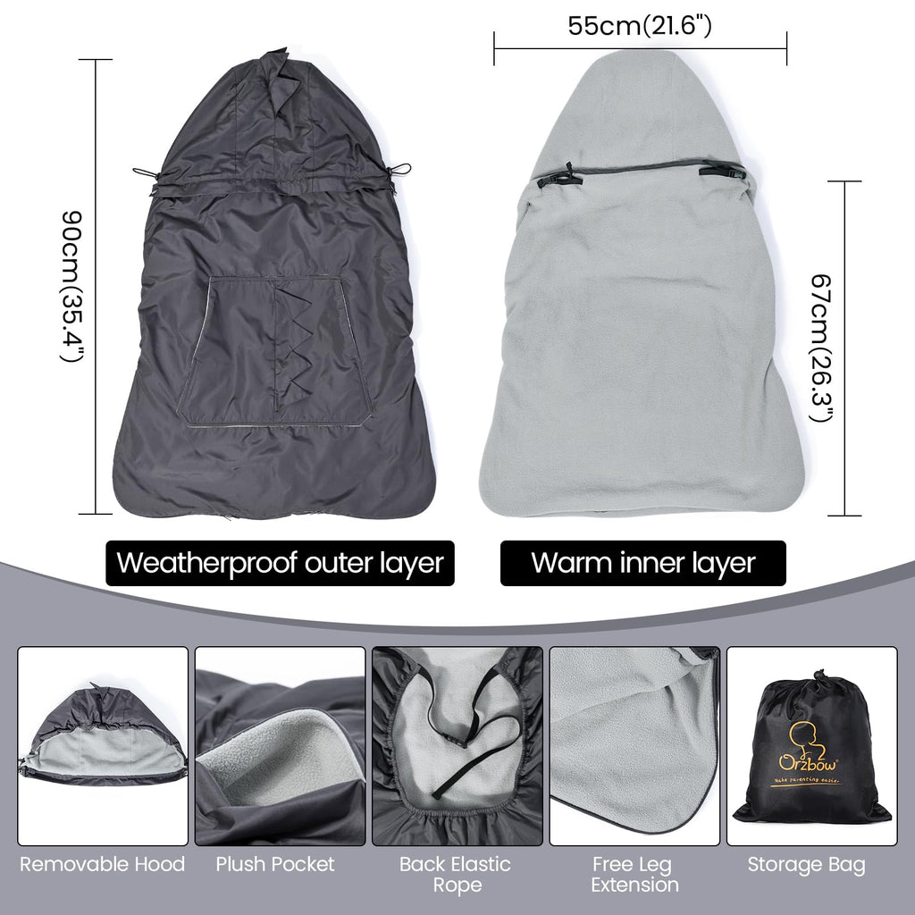 Orzbow Tragecover Babytrage Winter, Universal Wintercover Babytrage, Regenschutz Babytrage mit Aufbewahrungstasche, Abnehmbares Oberteil, Polarfleece-Futter, Wasserdichte, Dunkelgrau-Dino