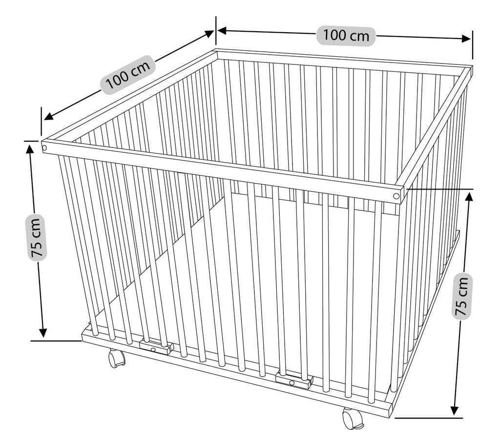 WALDIN Baby Laufgitter/Laufstall ca. 100 x 100 cm, BUCHE MASSIV, höhen-verstellbar, 2 Modelle wählbar, natur unbehandelt, Stoff weiß/Punkte grau