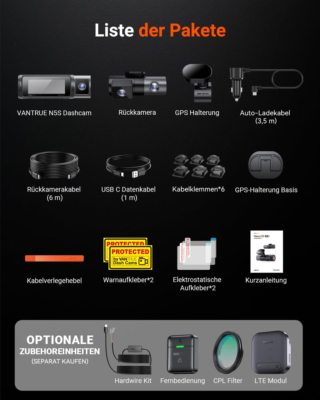 VANTRUE N5S 4 Kanal STARVIS 2 Dashcam Auto 2.7K+ 1080P+ 1080P+ 1440P Vorne Innen Hinten, HDR+ WDR Dash Cam 5G WLAN, Sprachsteuerung Dashcams, GPS, 24Std. Puffer Parkmodus, LTE Optional, Max 1TB