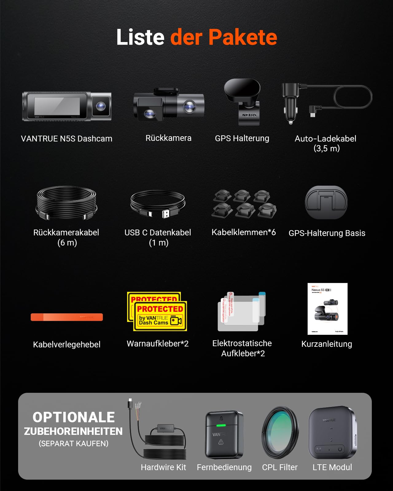 VANTRUE N5S 4 Kanal STARVIS 2 Dashcam Auto 2.7K+ 1080P+ 1080P+ 1440P Vorne Innen Hinten, HDR+ WDR Dash Cam 5G WLAN, Sprachsteuerung Dashcams, GPS, 24Std. Puffer Parkmodus, LTE Optional, Max 1TB