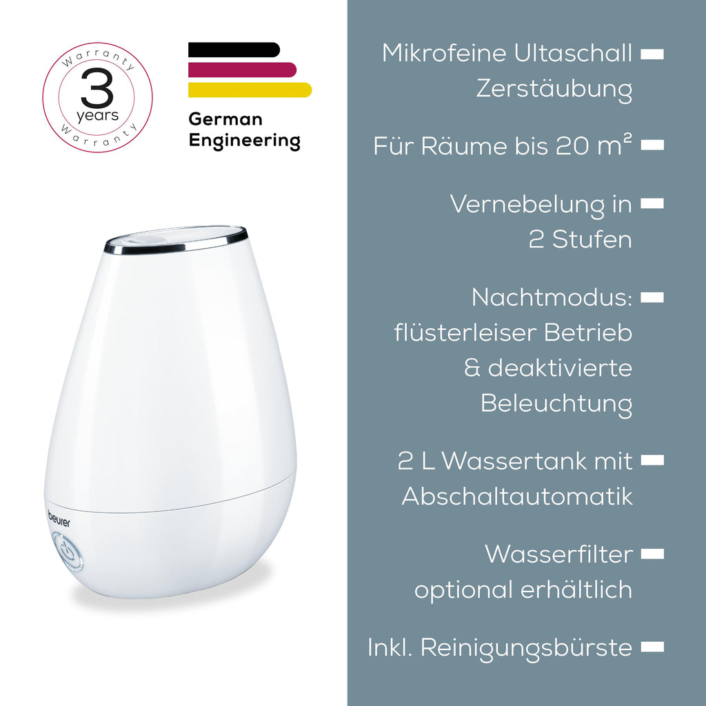 Beurer LB 37 Luftbefeuchter mit Ultraschall-Zerstäubung, inkl. integriertem Aroma Diffuser, Humidifier mit leisem Nachtmodus fürs Schlafzimmer, 2L Tank für Räume bis 20 m², weiß