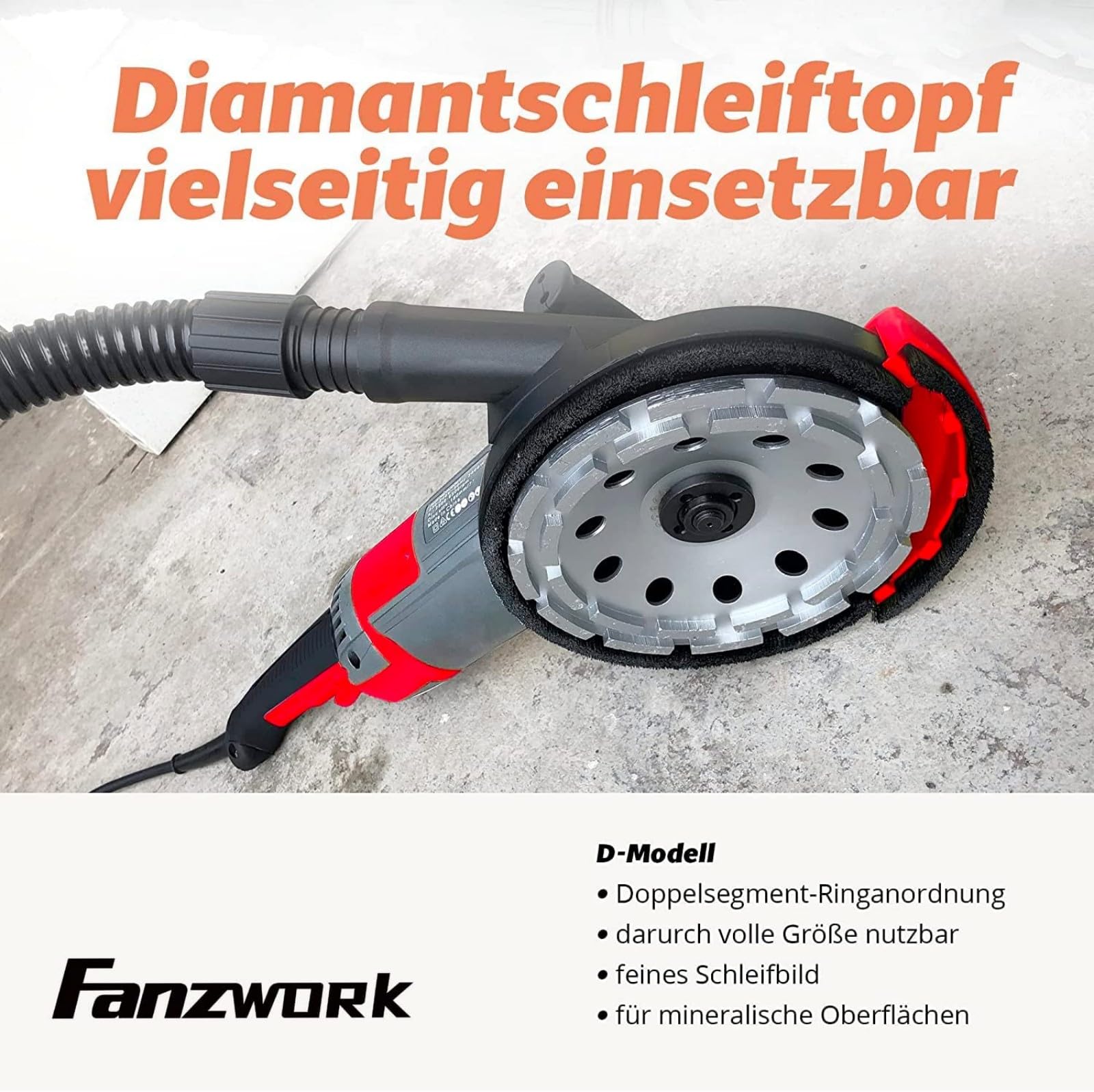 FANZWORK Betonschleifer Betonfräse Set mit Diamantschleiftopf und Absaughaube (2000W/180mm)