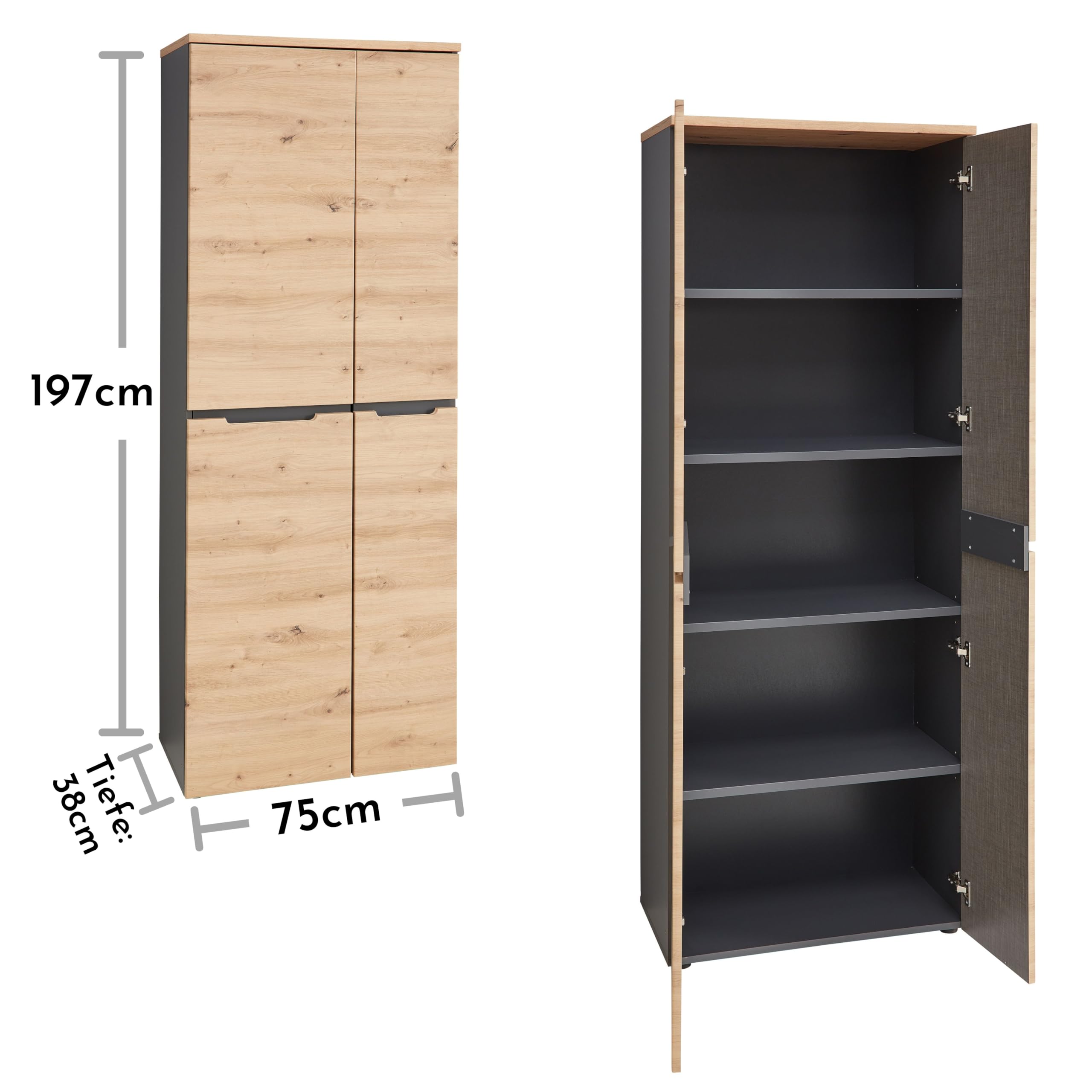 MEMPHIS Aktenschrank in Artisan Eiche Optik, Graphit - Moderner Büroschrank mit 2 Türen - 75 x 197 x 38 cm (B/H/T)