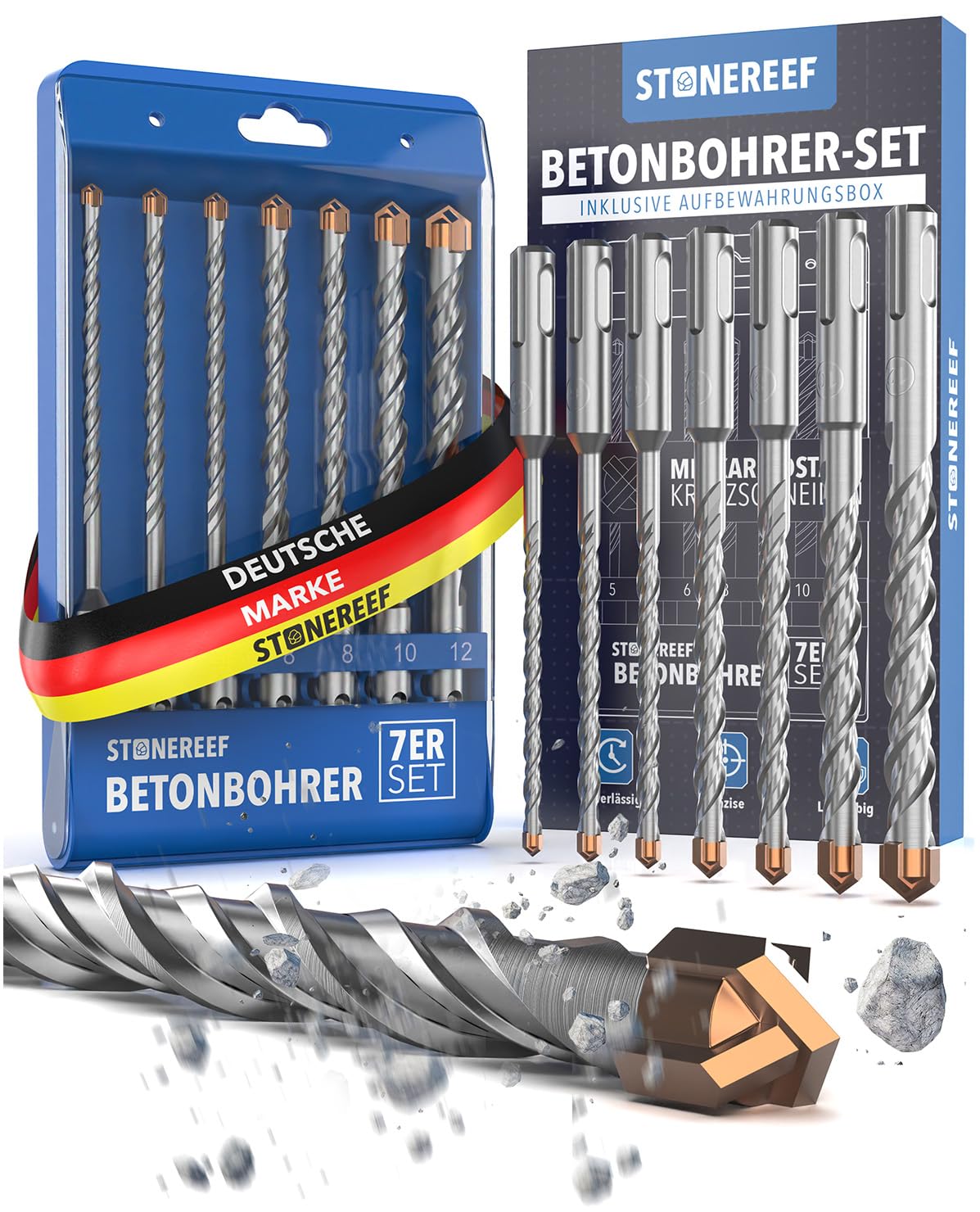 SDS Plus Betonbohrer – 7-teilig inkl. Kassette – Ø 5, 6, 6, 8, 8, 10, 12 mm x 156 mm – Profi Bohrset für Beton, Stein & Mauerwerk