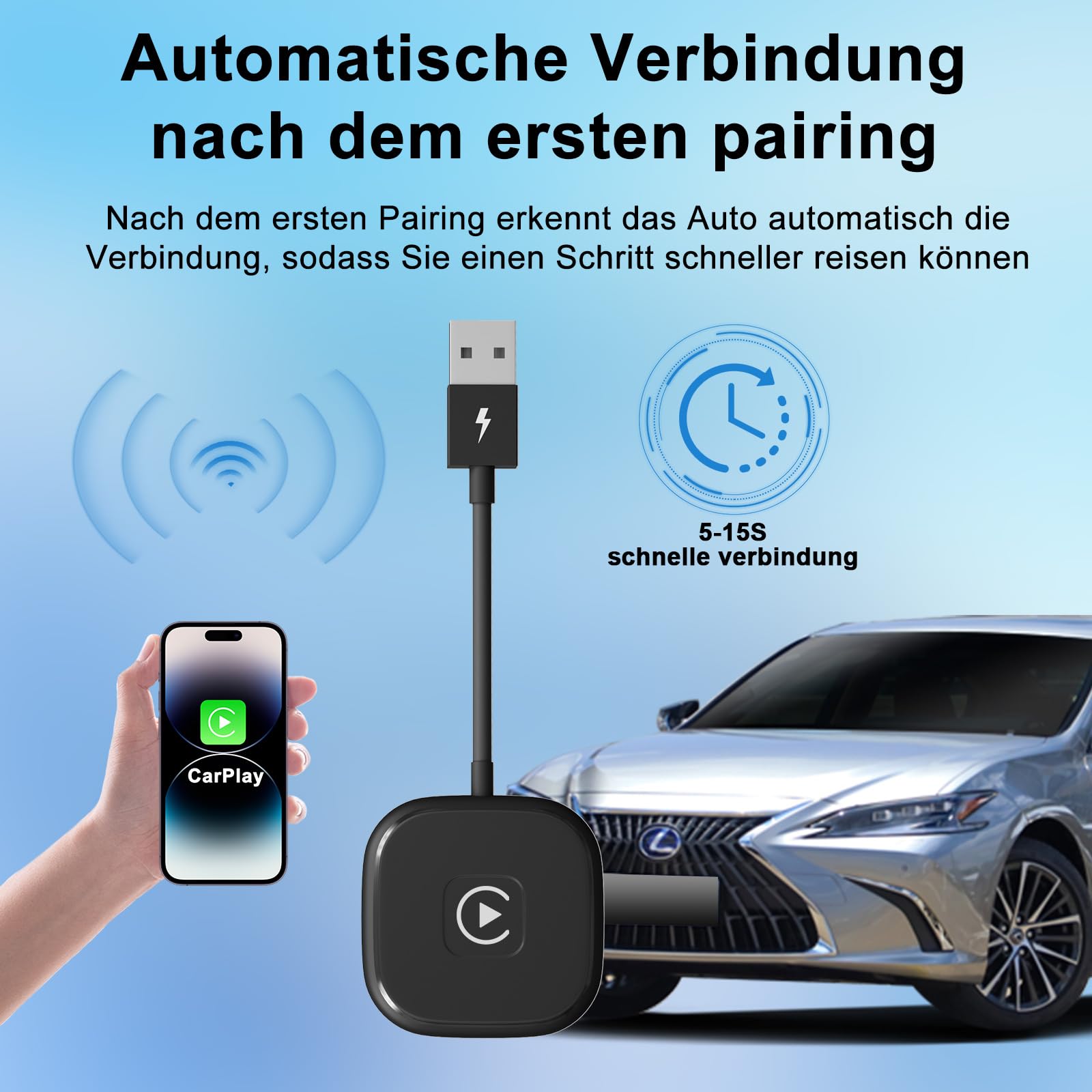für Apple CarPlay Wireless Adapter, Superschnelle Upgrade von Wired auf Wireless, Plug und Play, Stabile Verbindung, kompatibel mit iPhone iOS 10+ & Autos mit Wired CarPlay