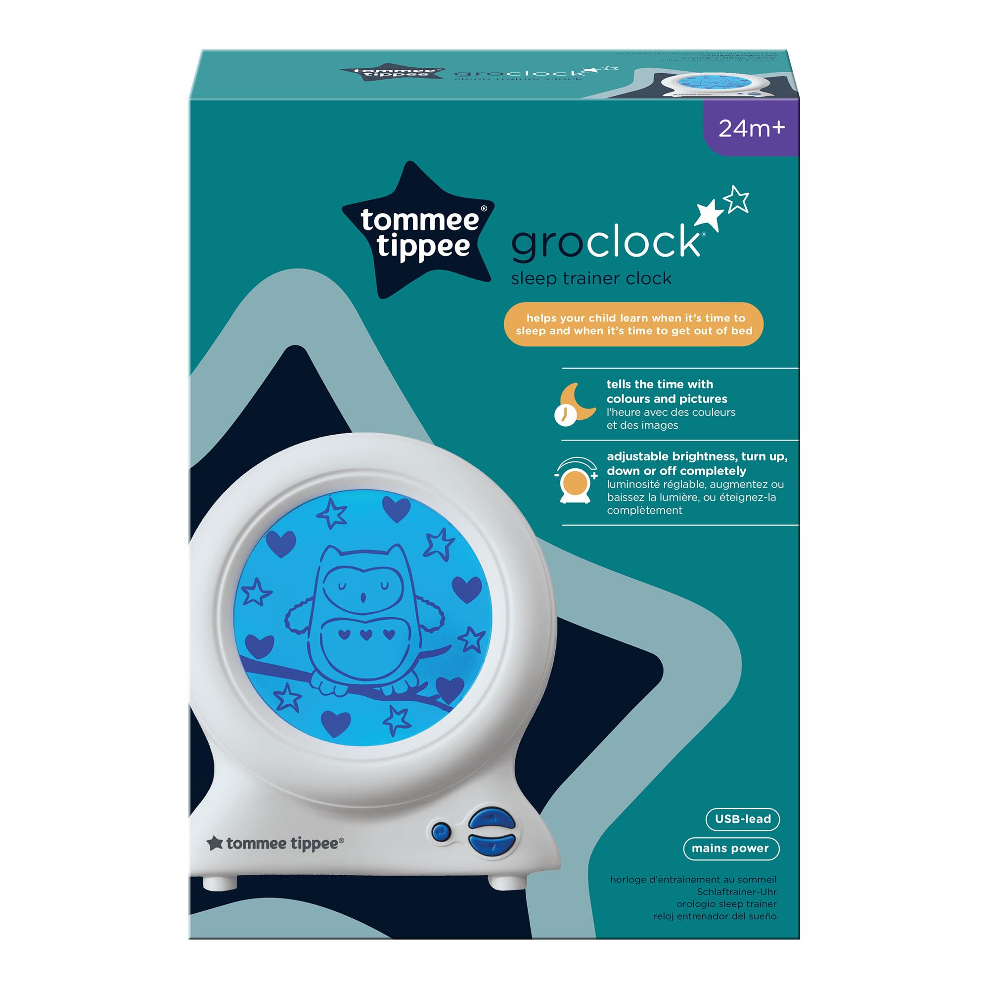 Tommee Tippee Groclock Uhr und Schlaftrainer, Wecker und Nachtlicht für Kleinkinder, mit USB-Anschluss