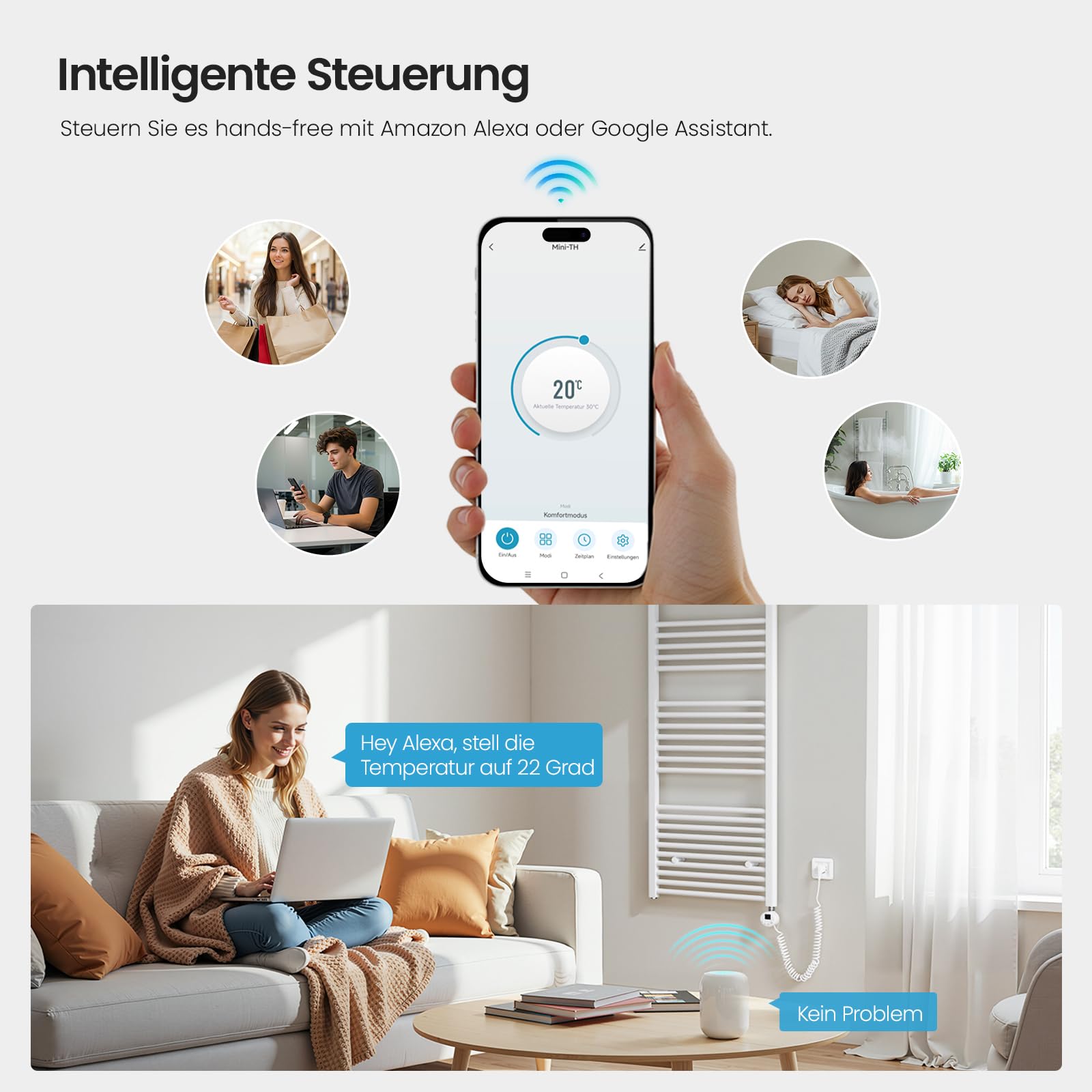 Heilmetz Smart WiFi Badheizkörper Elektrisch 140x60cm Elektrischer Handtuchtrockner mit Thermostat und Timer-Funktion Gerade Handtuchheizkörper Weiß 600W