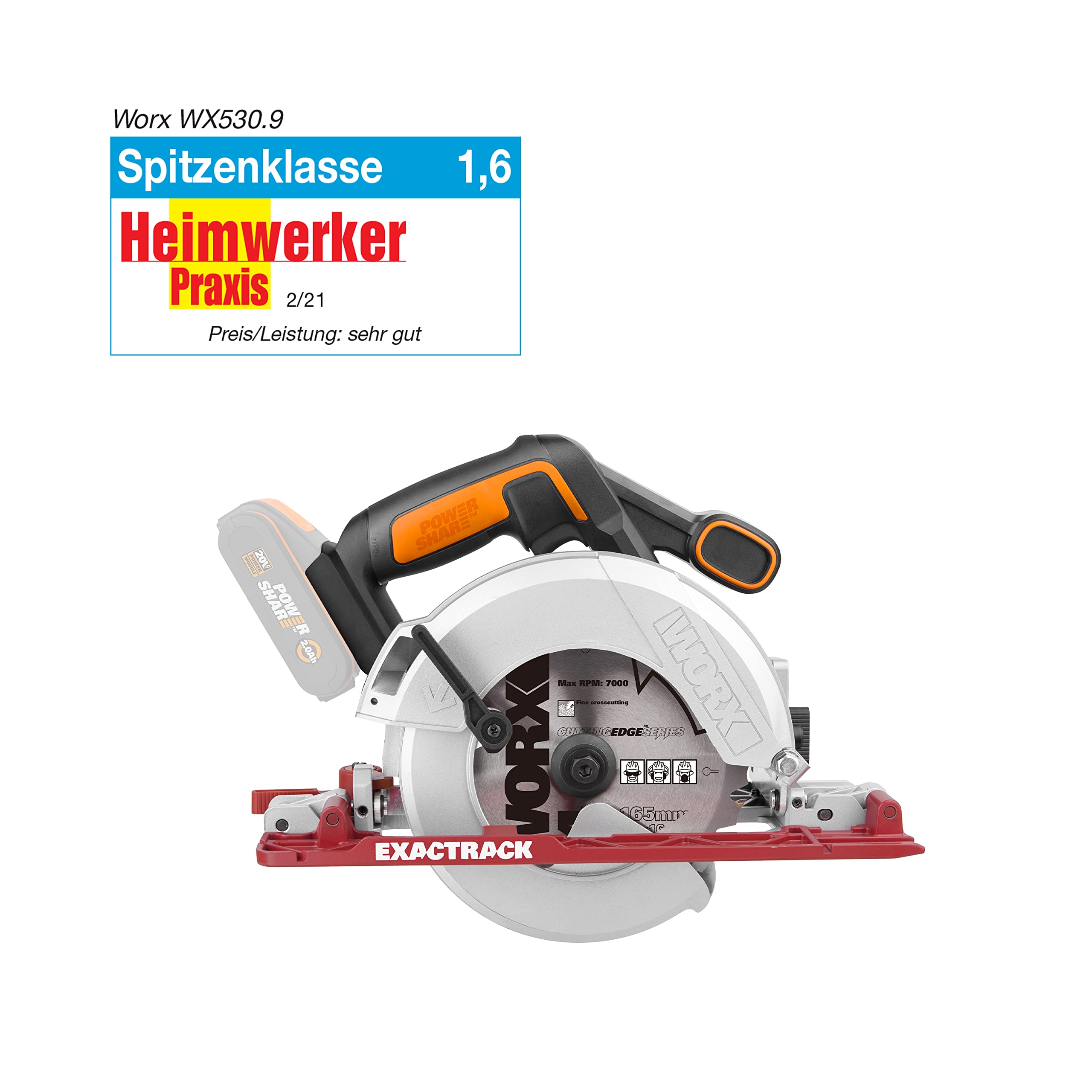 WORX WX530.9 Akku-Handkreissäge 20V – Profi Kreissäge mit Absaug-Adapter – Ideal auch für Schnitte auf Gehrung – PowerShare kompatibel – ohne Akku & Ladegerät
