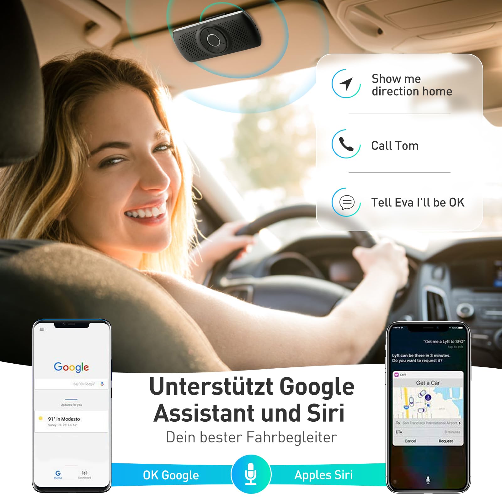 AGPTEK Freisprecheinrichtung für Auto, Bluetooth 5.0, integriertes Mikrofon, mit Clip für GPS, Musik, TF-Kartenslot, automatische Wiederverbindung, Lautsprecher, IOS Siri & Google Assistant, Schwaz