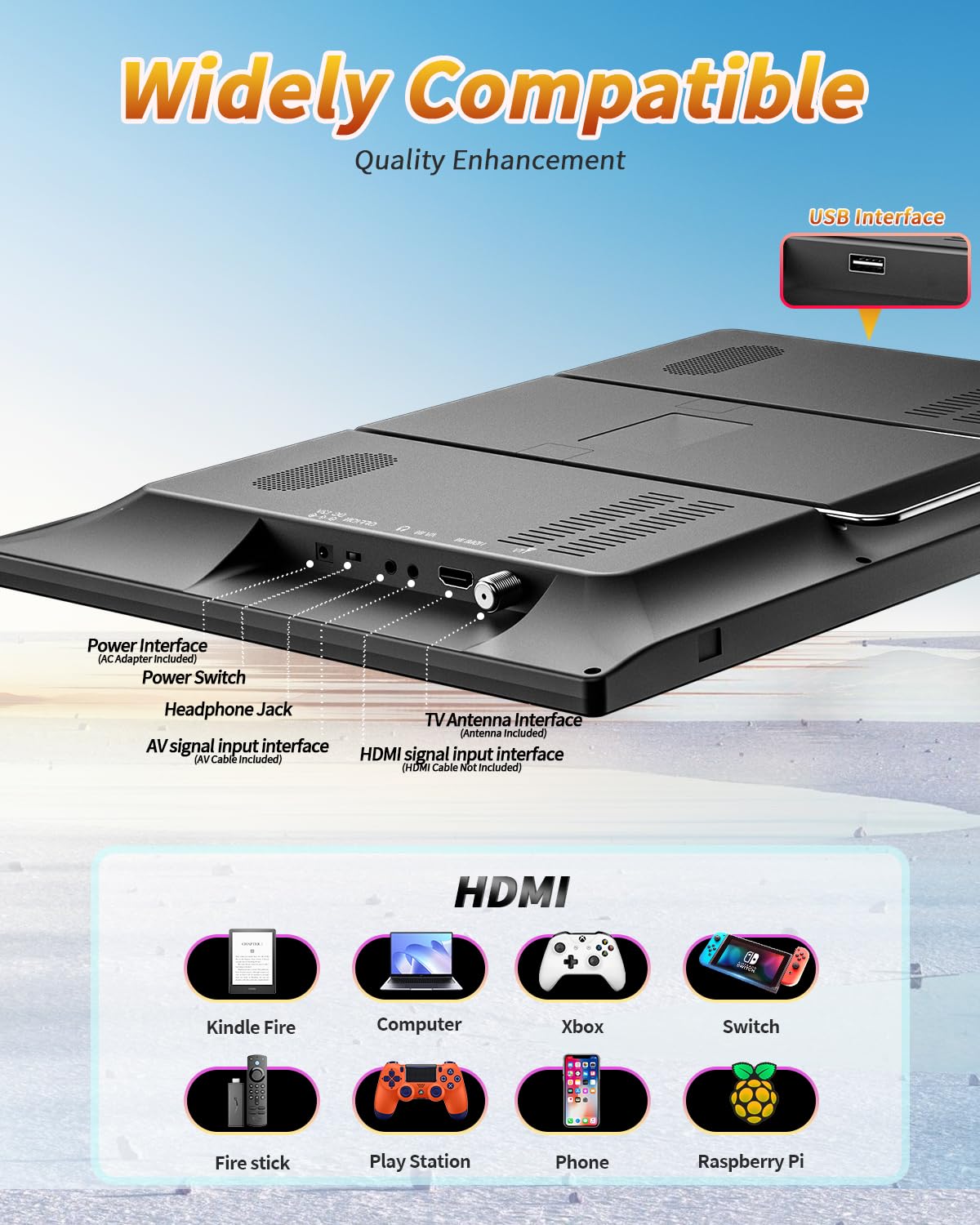 DESOBRY 19-Zoll Fernseher, 1080P Kleiner Fernseher DVB-T2-Tuner mit Antenne, Wiederaufladbarer TV HDMI AV USB Eingang, Tragbarer 12V TV für Camping, Wohnmobil, küchen