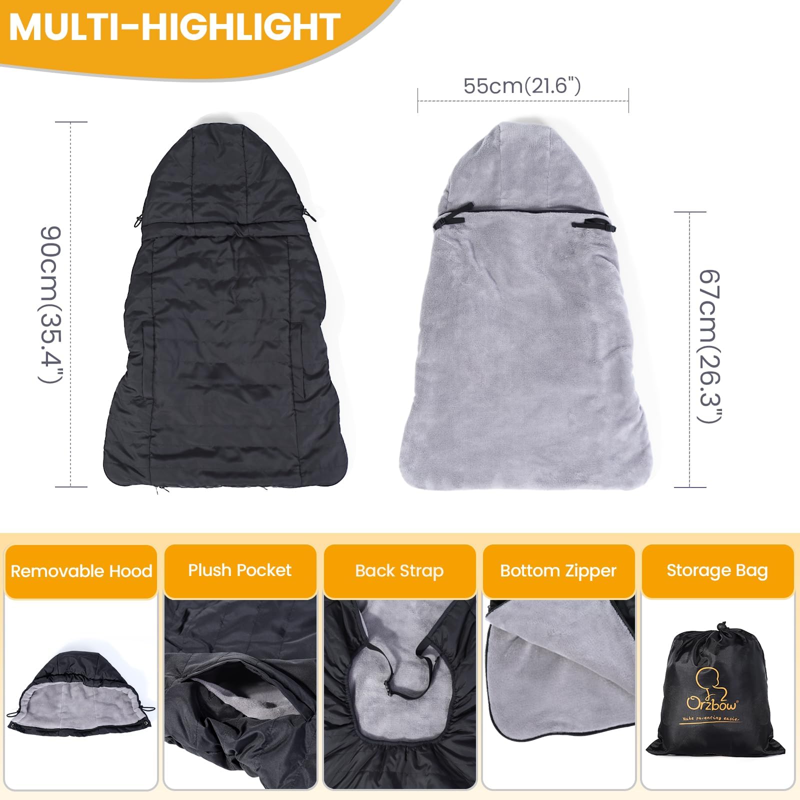 Orzbow Regenschutz Babytrage, Tragecover Babytrage Winter mit Abnehmbares Oberteil, Universal Wintercover Babytrage mit Korallenvlies-Futter, Vordertasche, Reißverschluss Unten, Schwarz