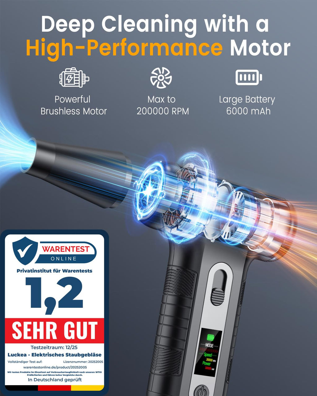 Elektrische Staubgebläse mit HD-Display - Electric Air Duster 200000 RPM mit LED-Licht, Mini-Gebläse mit Akku, Druckluftspray PC Reinigung, Luftgebläse für Tastatur, Haus, Outdoor, Auto, W06, Schwarz