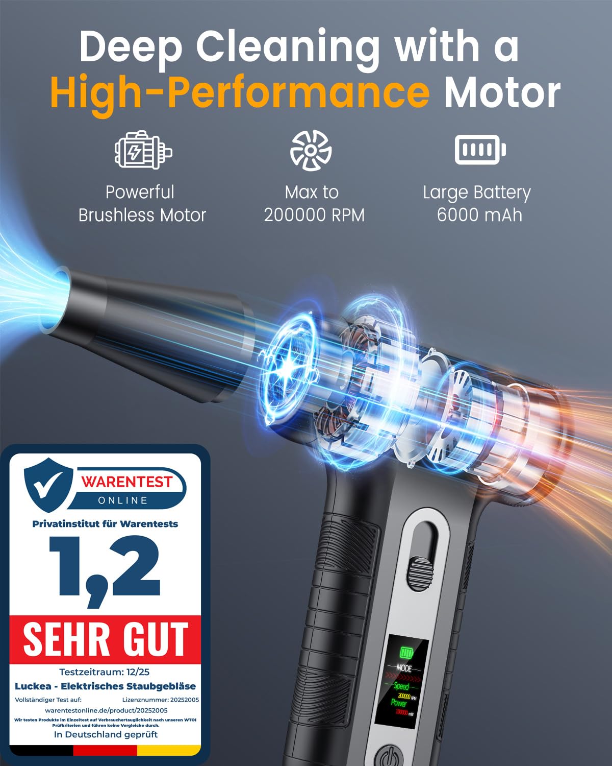 Elektrische Staubgebläse mit HD-Display - Electric Air Duster 200000 RPM mit LED-Licht, Mini-Gebläse mit Akku, Druckluftspray PC Reinigung, Luftgebläse für Tastatur, Haus, Outdoor, Auto, W06, Schwarz