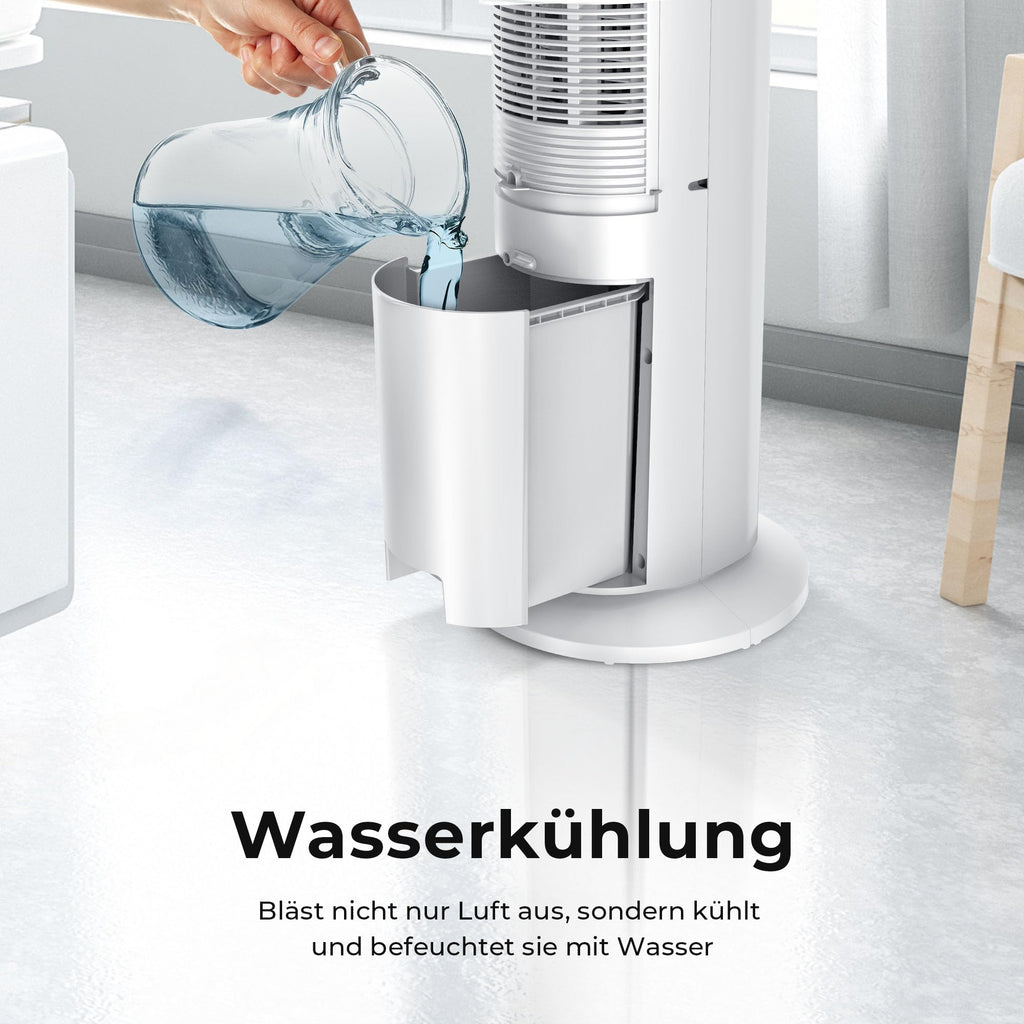 Balter VT-09-WH 5in1 Turmventilator, Ventilator mit Wasserkühlung, Luftkühler, Luftbefeuchter, Luftreiniger, Ionisator, Fernbedienung, Timer, 4L, 55W